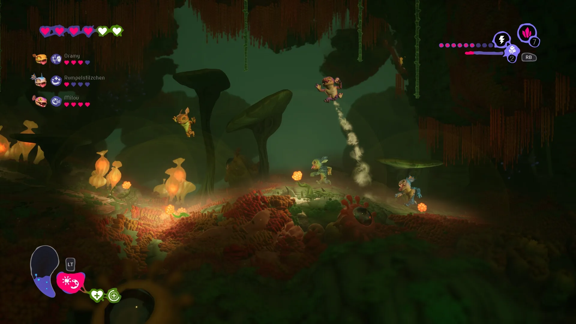 Mother Machine: Four gremlins jump and explore glowing alien cave with UI showing player names and health.