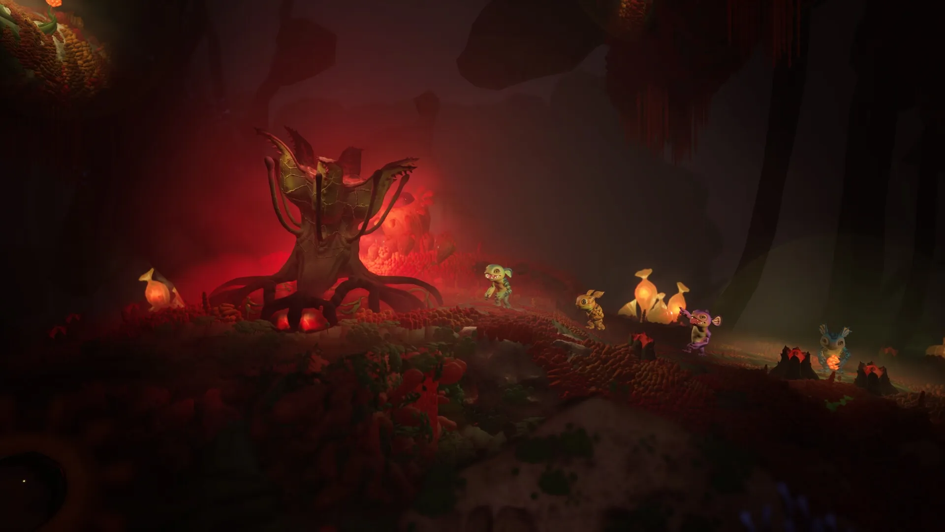Mother Machine: Characters explore glowing alien cave with red-lit tree and bioluminescent plants