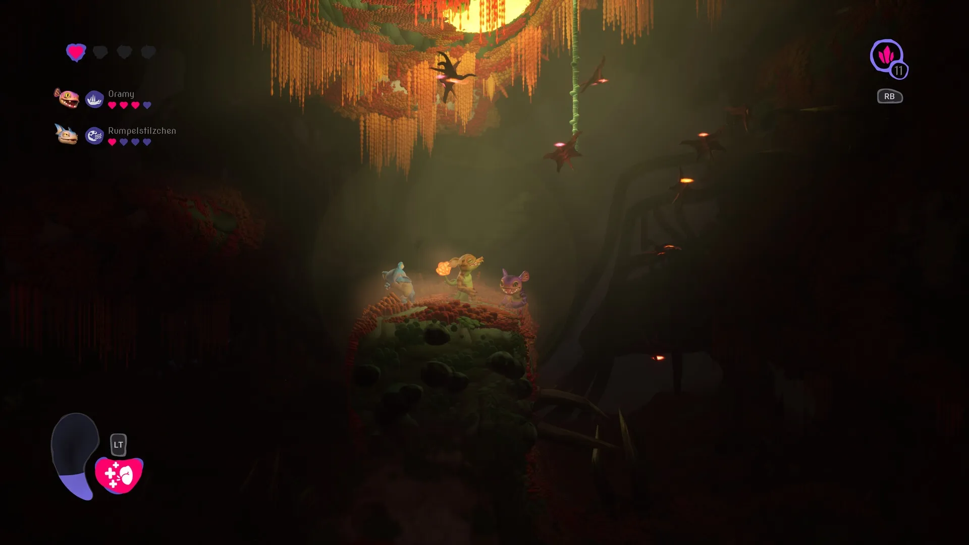 Mother Machine: Oramy and Rumpelstilzchen explore glowing alien cave with health UI on screen