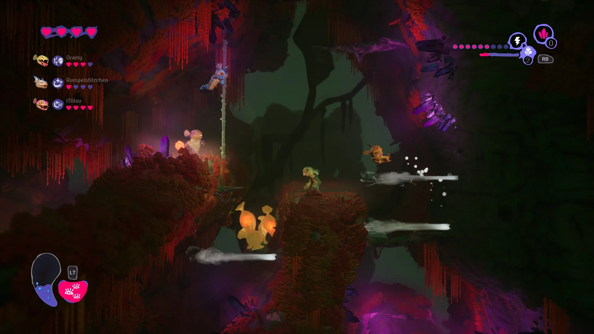 Mother Machine: Players navigate vibrant alien cave with platforms, crystals, and character health UI visible