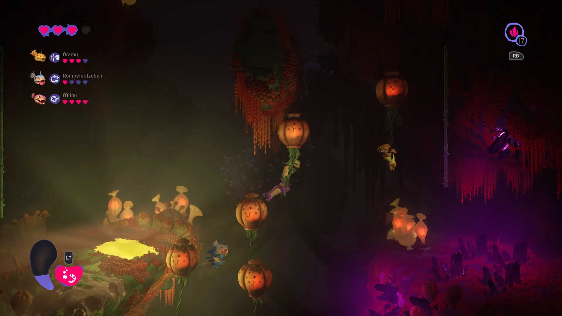 Mother Machine: Characters Oramy and Rumpelstilzchen climbing glowing flora in dimly lit alien cave