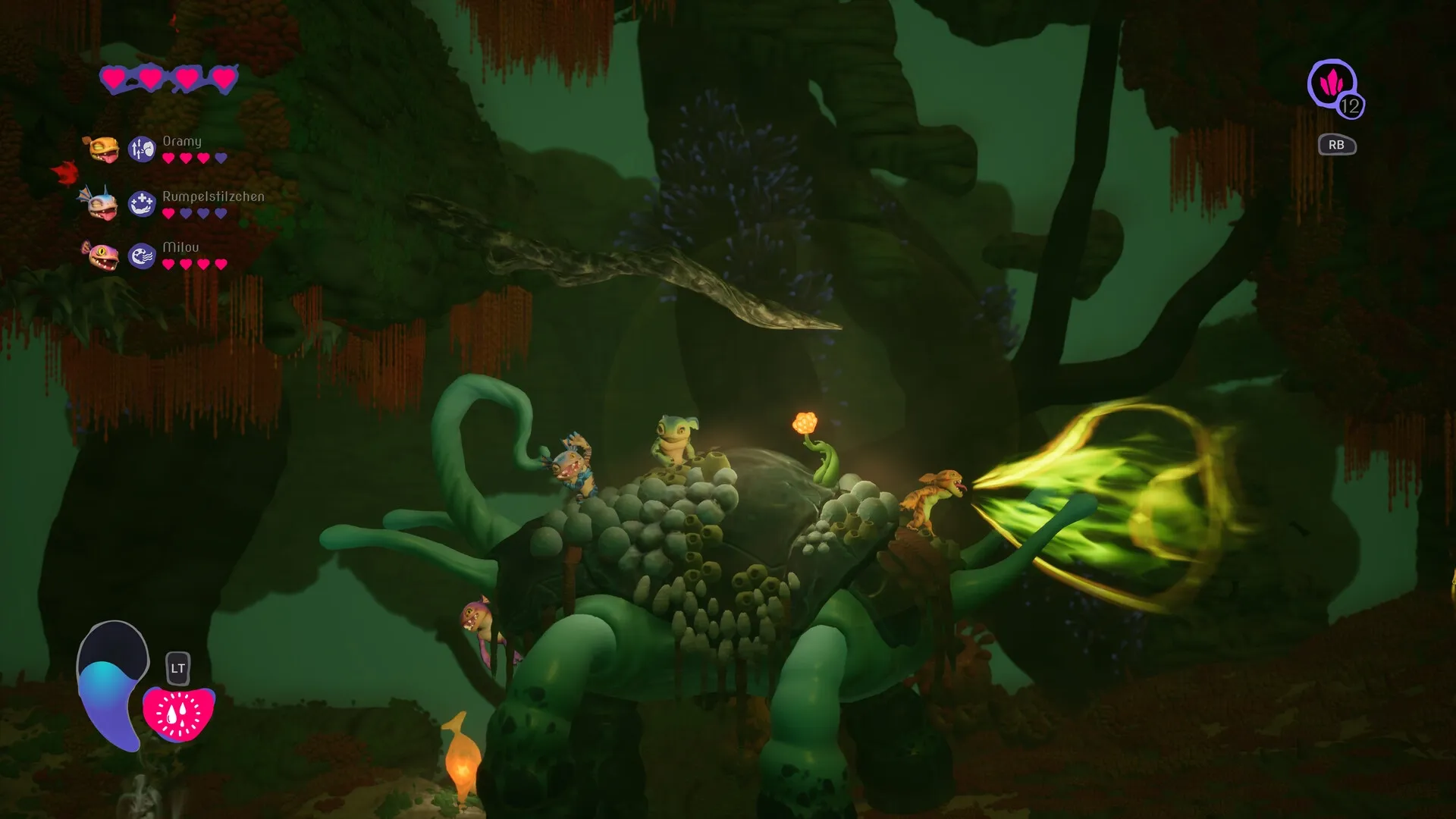 Mother Machine: Characters exploring atop a giant turtle in lush, green alien cave environment