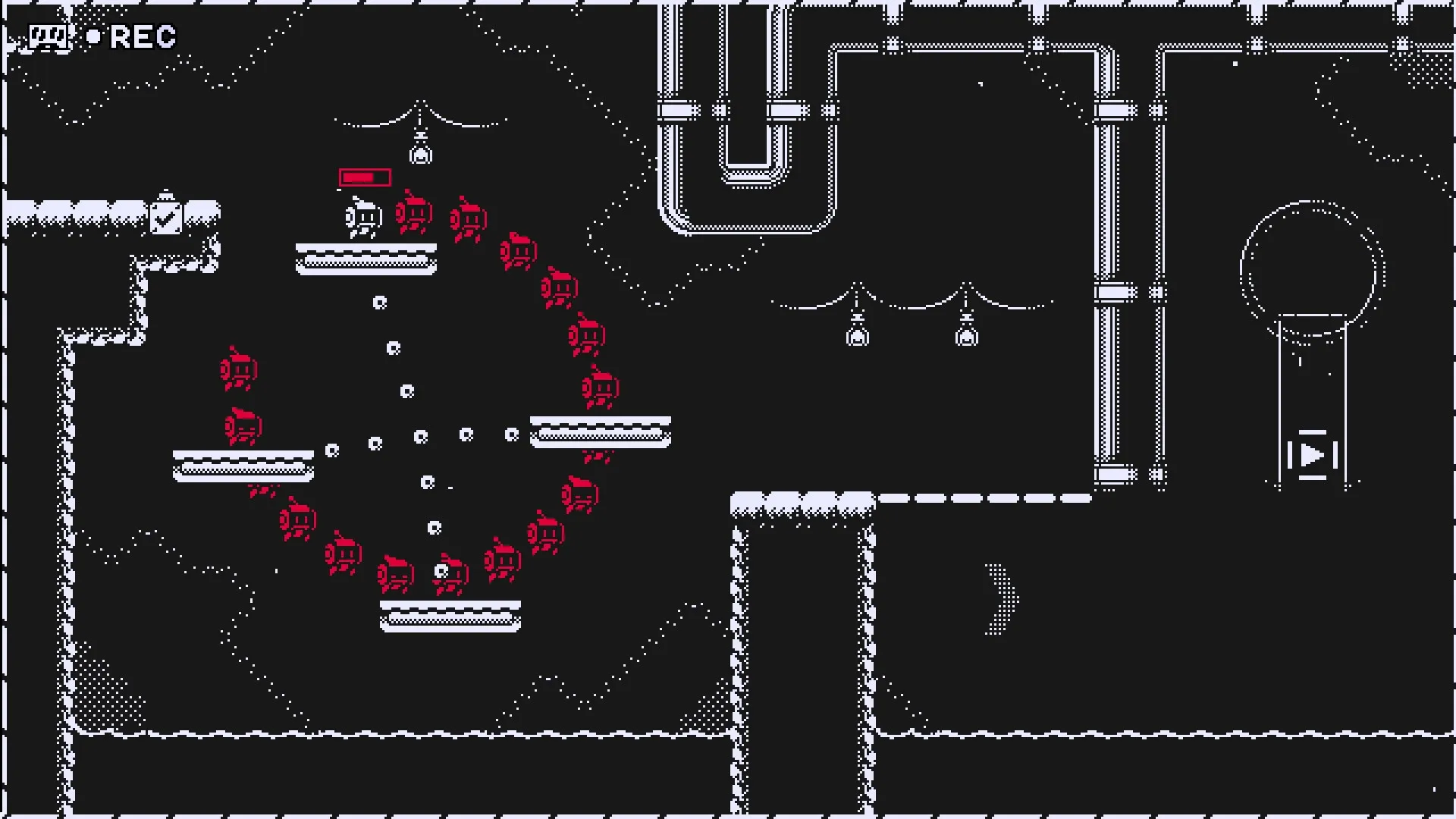 MotionRec: Character jumps between platforms avoiding red enemies in an industrial underground setting.