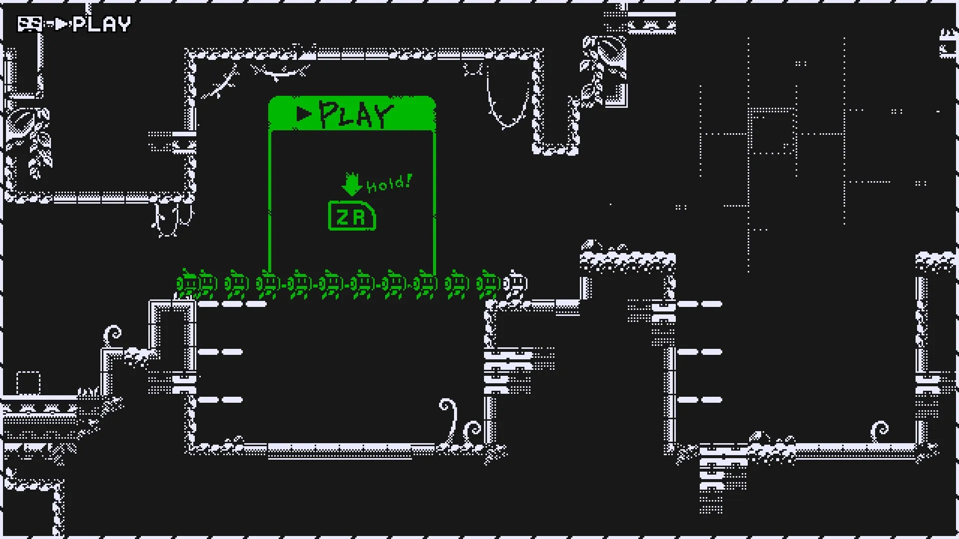 MotionRec: Green "Play" interface with ZR hold prompt visible in pixelated cave platforming level