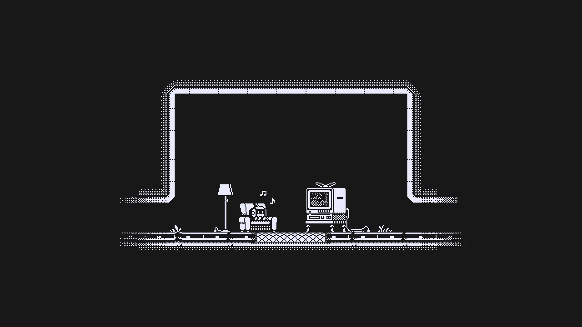 MotionRec: Character rests on couch with music notes beside a TV in a pixelated monochrome room.