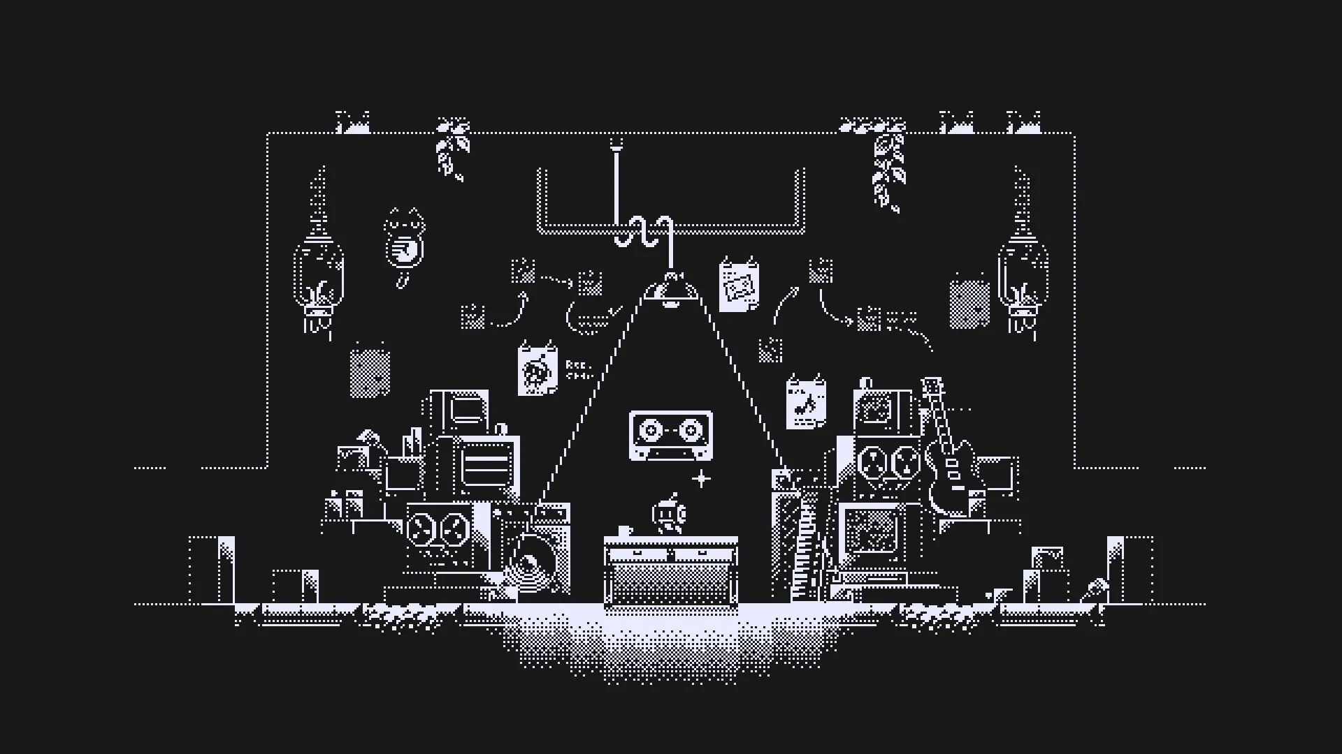 MotionRec: Central character stands in a dimly lit workshop surrounded by old electronics and posters.