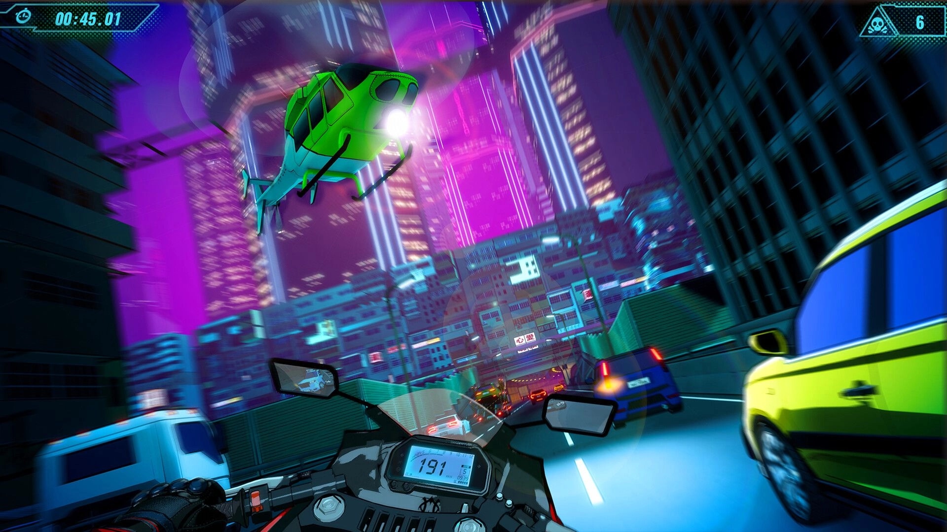 Moto Rush Reborn: High-speed motorcycle chase with helicopter over neon-lit Tokyo highway at night