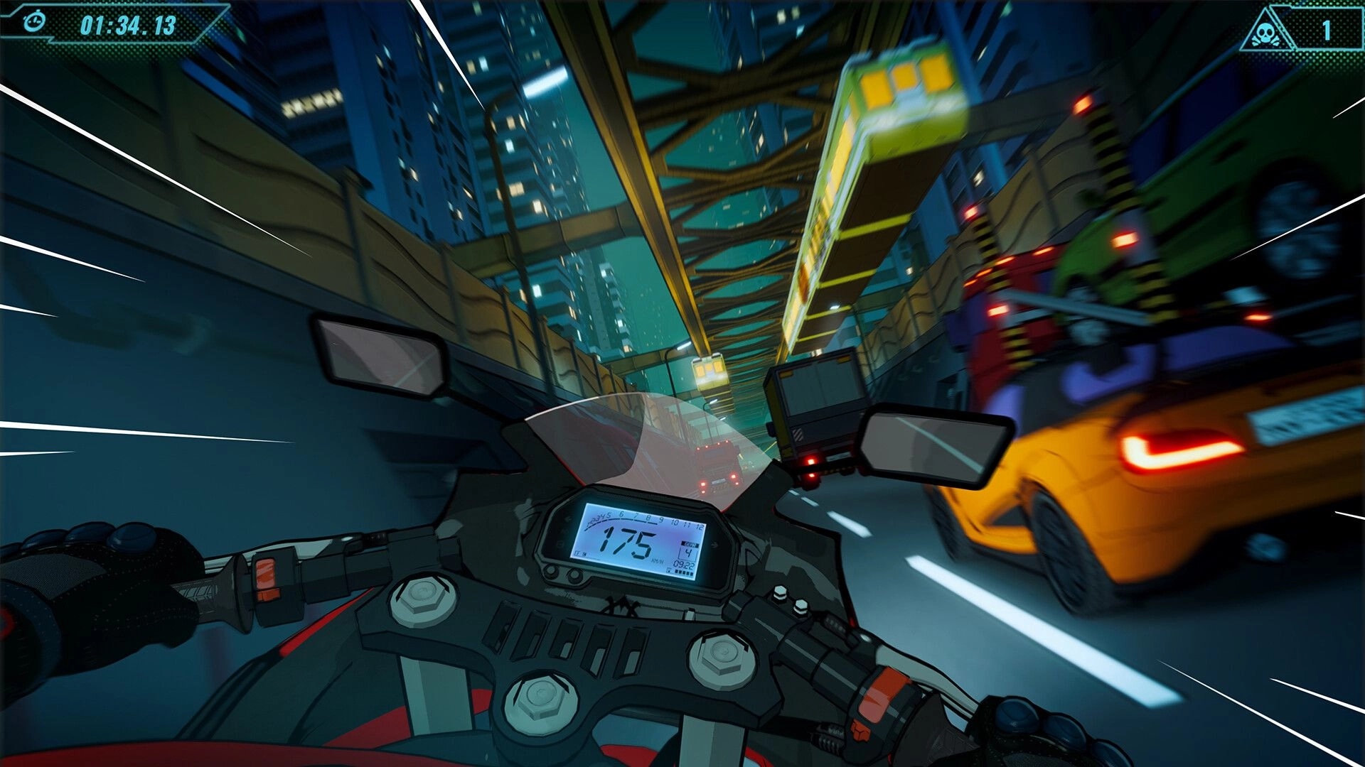 Moto Rush Reborn: First-person motorcycle racing through neon-lit Tokyo highway with heavy traffic