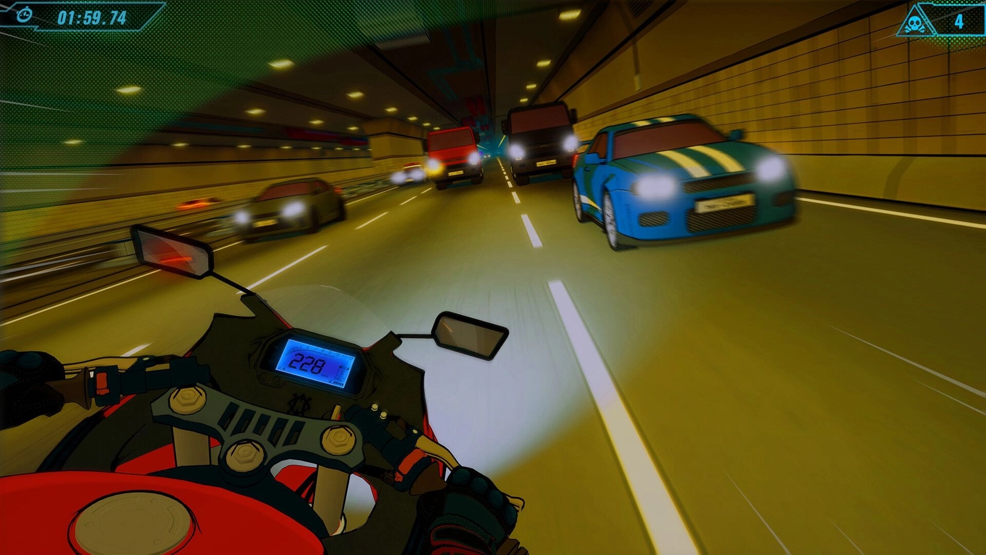 Moto Rush Reborn: Speeding motorcycle through busy tunnel with cars and trucks on Tokyo highway