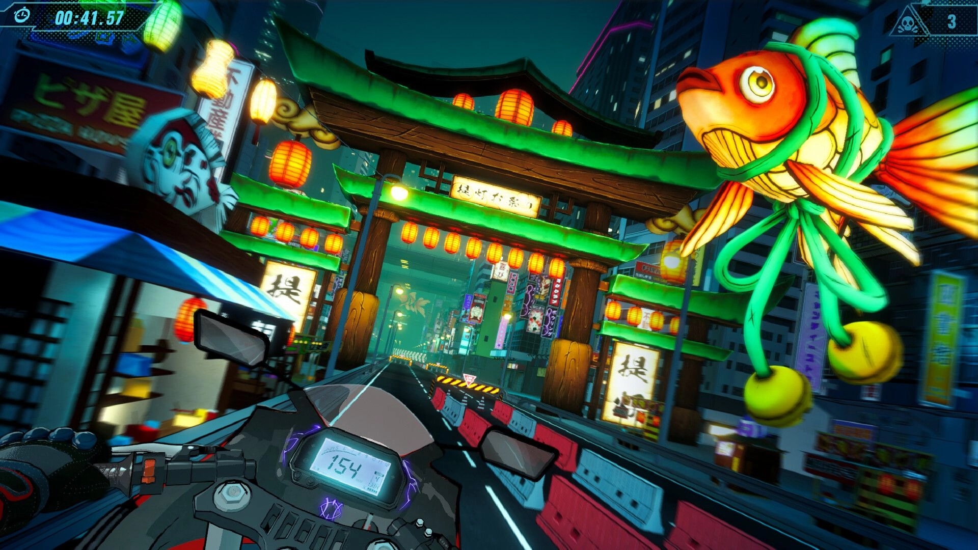 Moto Rush Reborn: First-person motorcycle racing through neon-lit Tokyo streets under vibrant lanterns.