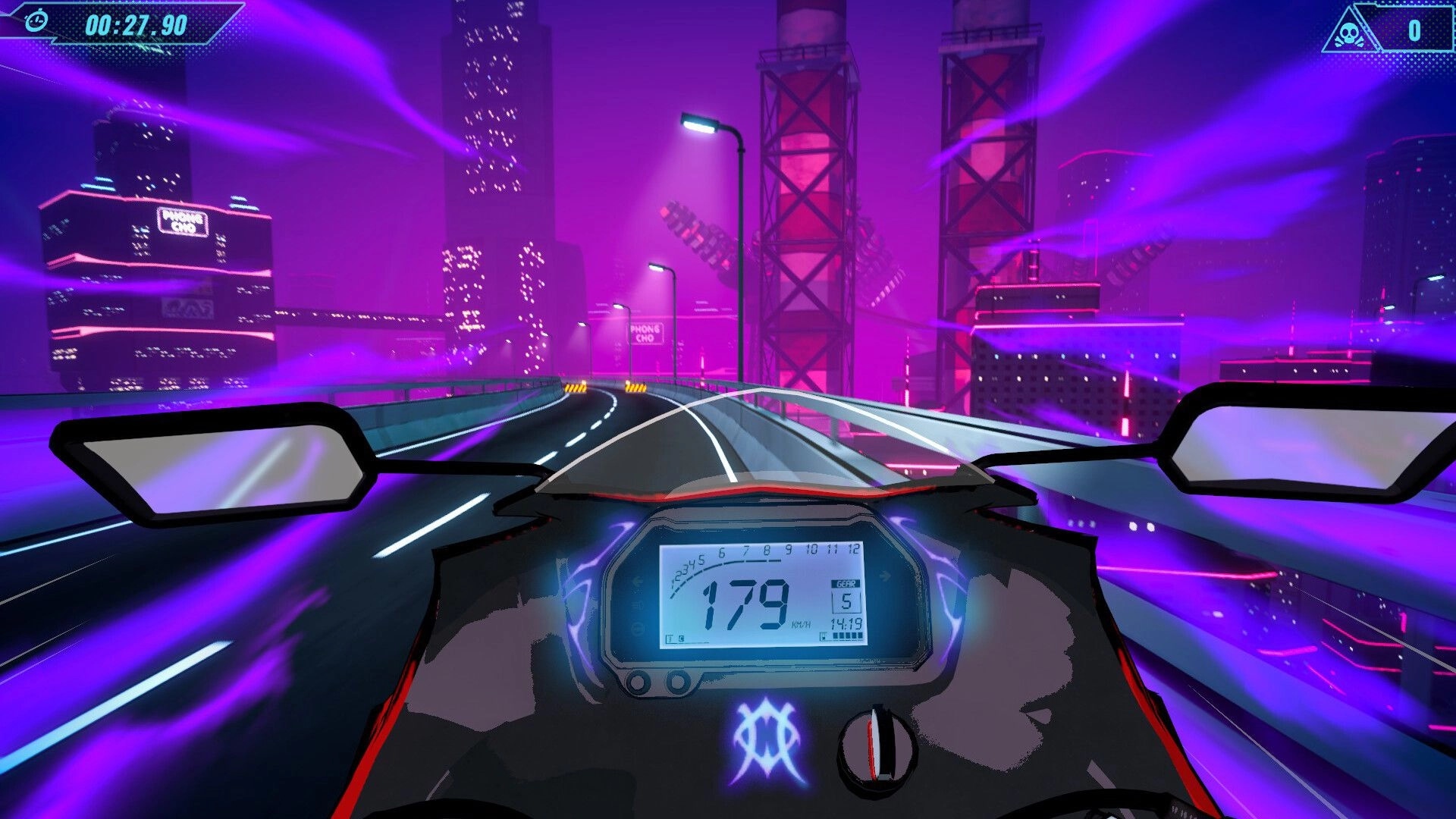 Moto Rush Reborn: Speedometer at 179 km/h on neon-lit Tokyo highway with purple light trails