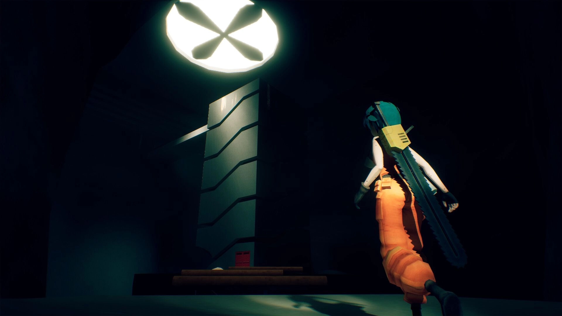 MOTORSLICE: Character with chainsaw approaches towering structure in dimly lit megastructure ruins.