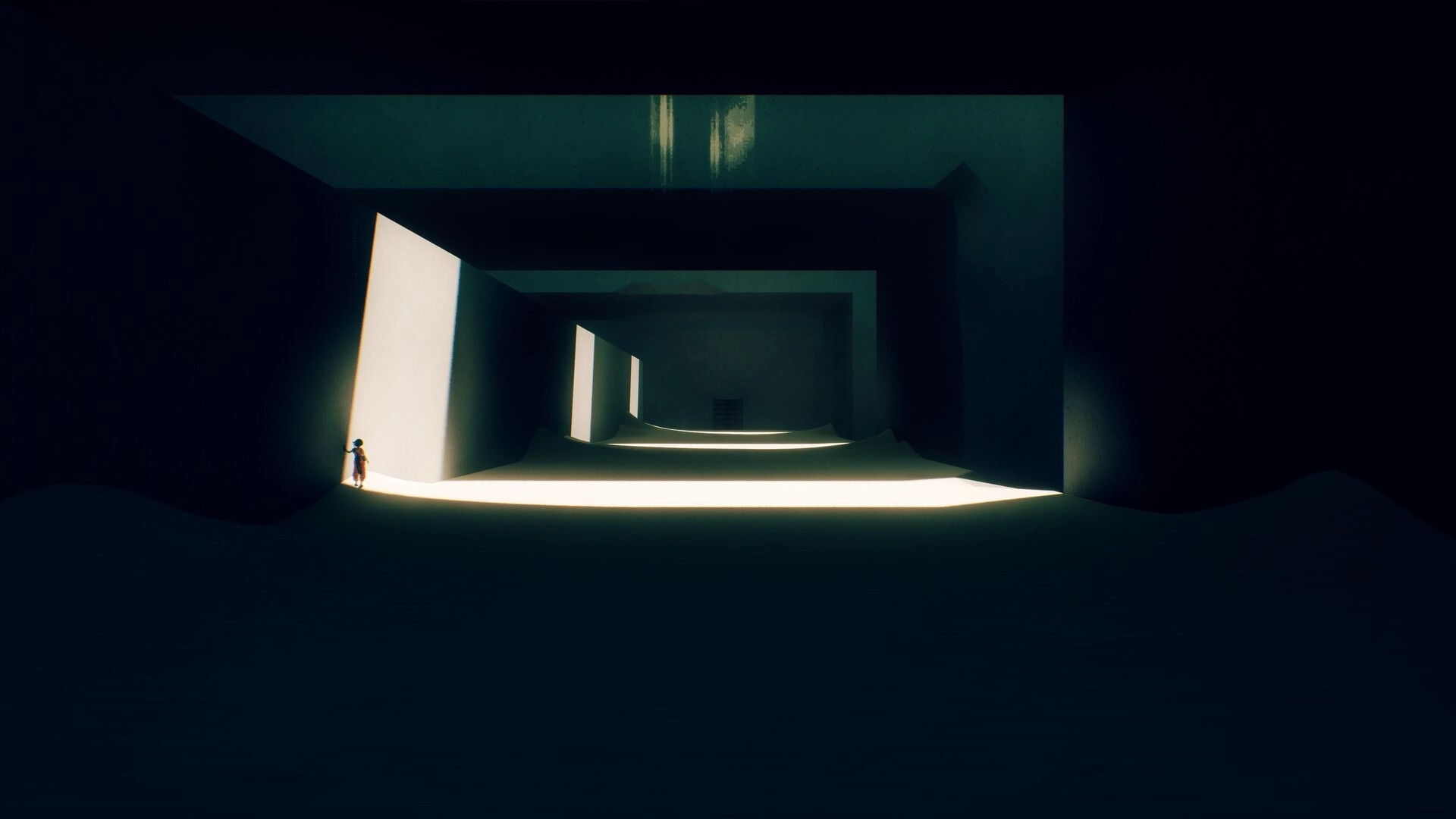 MOTORSLICE: Lone figure stands in shadowy corridor with beams of light illuminating the pathway ahead