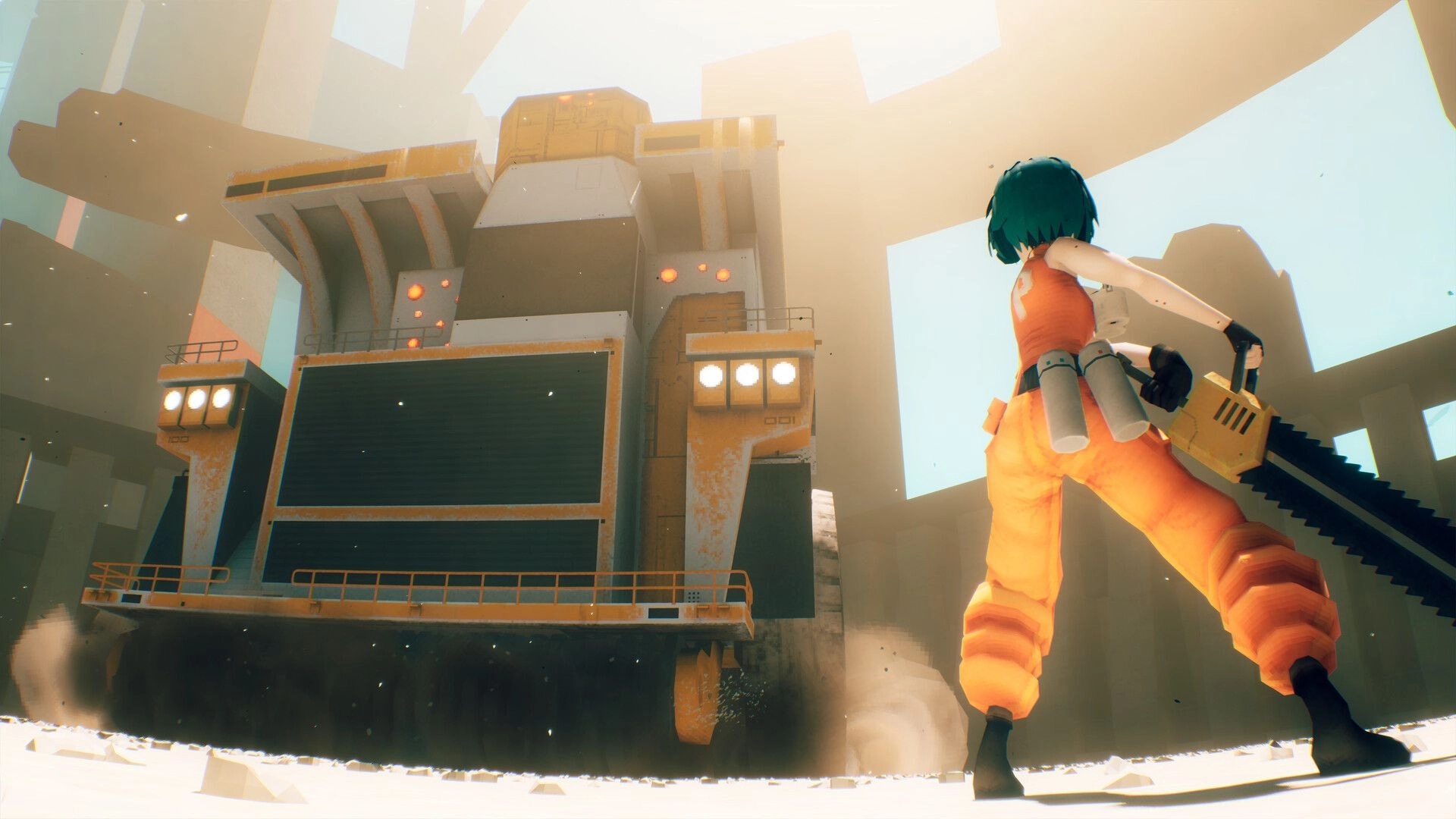 MOTORSLICE: Player confronts massive construction boss with chainsaw in hand amidst towering ruins.
