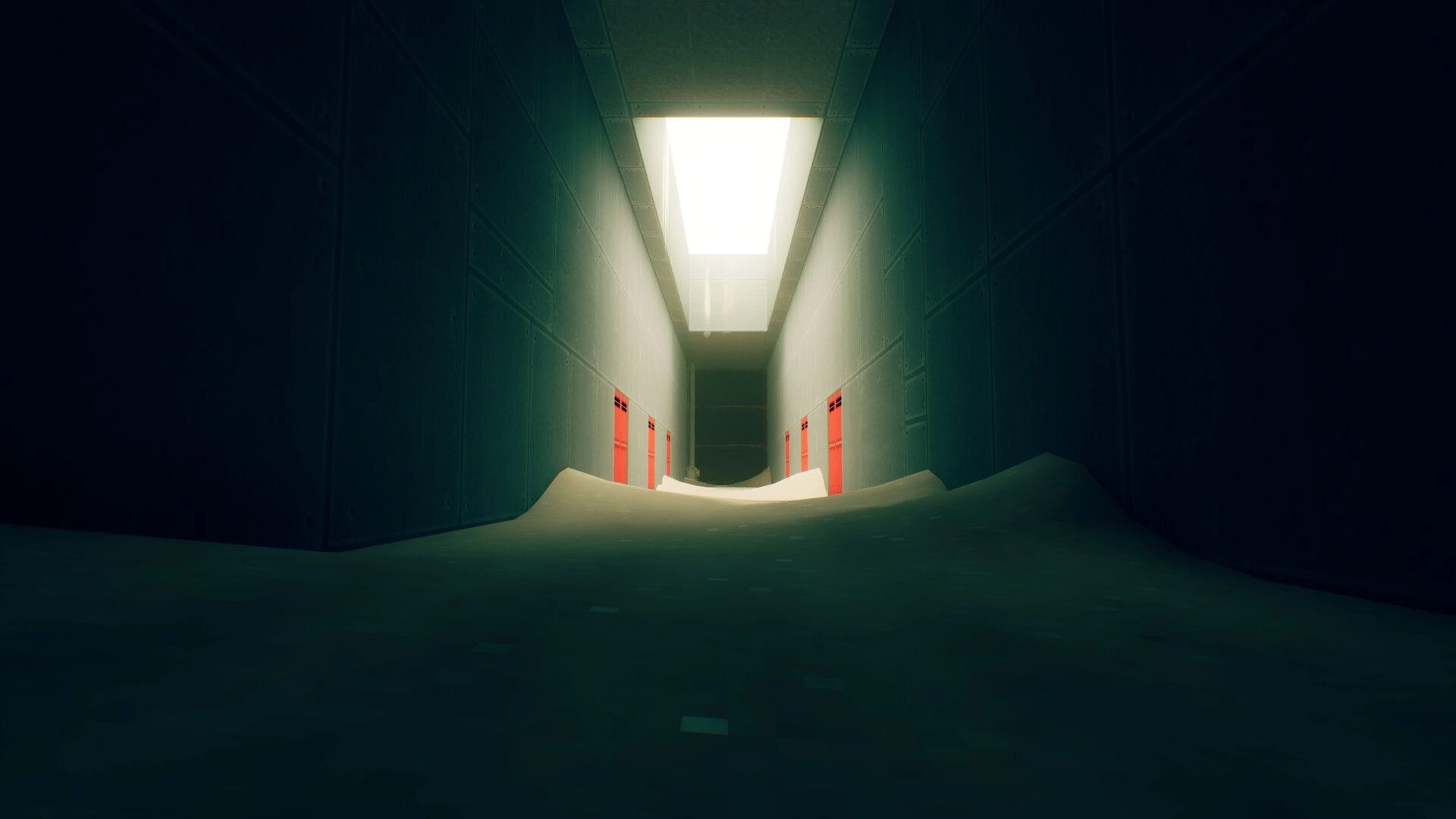MOTORSLICE: Empty corridor with red doors and sand-covered floor, illuminated by a skylight.