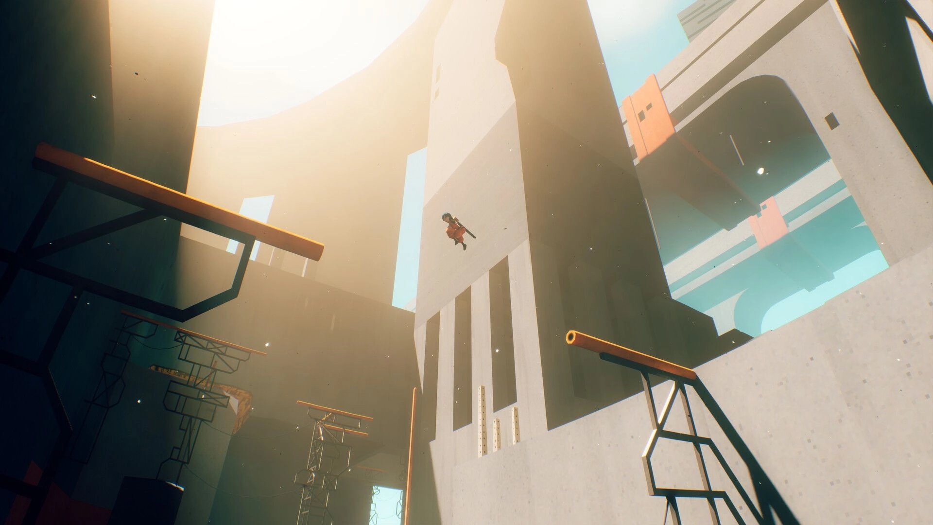 MOTORSLICE: Player character mid-air leap between towering structures in sunlit industrial ruins