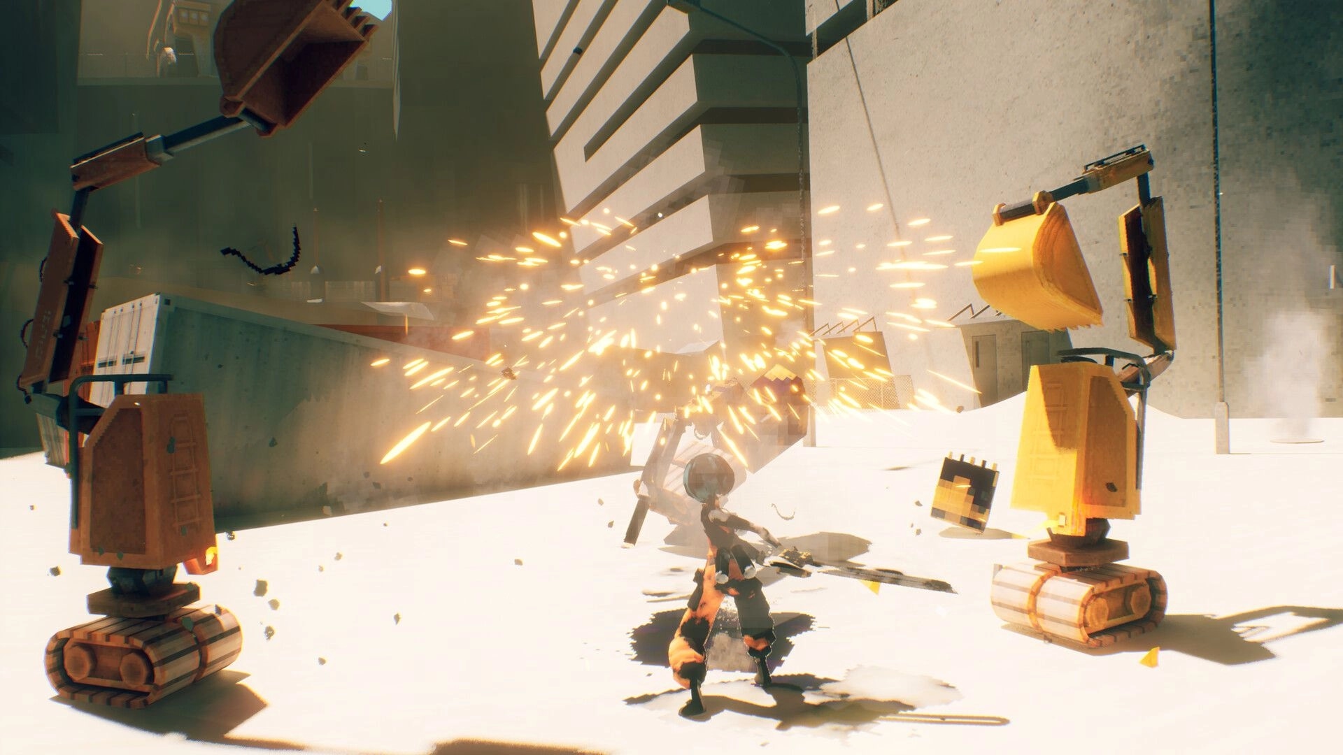 MOTORSLICE: Player battles construction robots amidst sparks in a sunlit megastructure ruin.