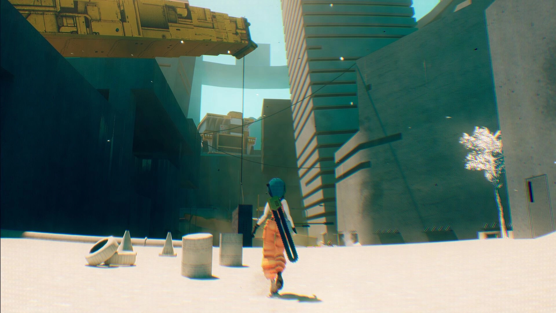 MOTORSLICE: Character with chainsaw exploring sunlit futuristic ruins with towering structures around.
