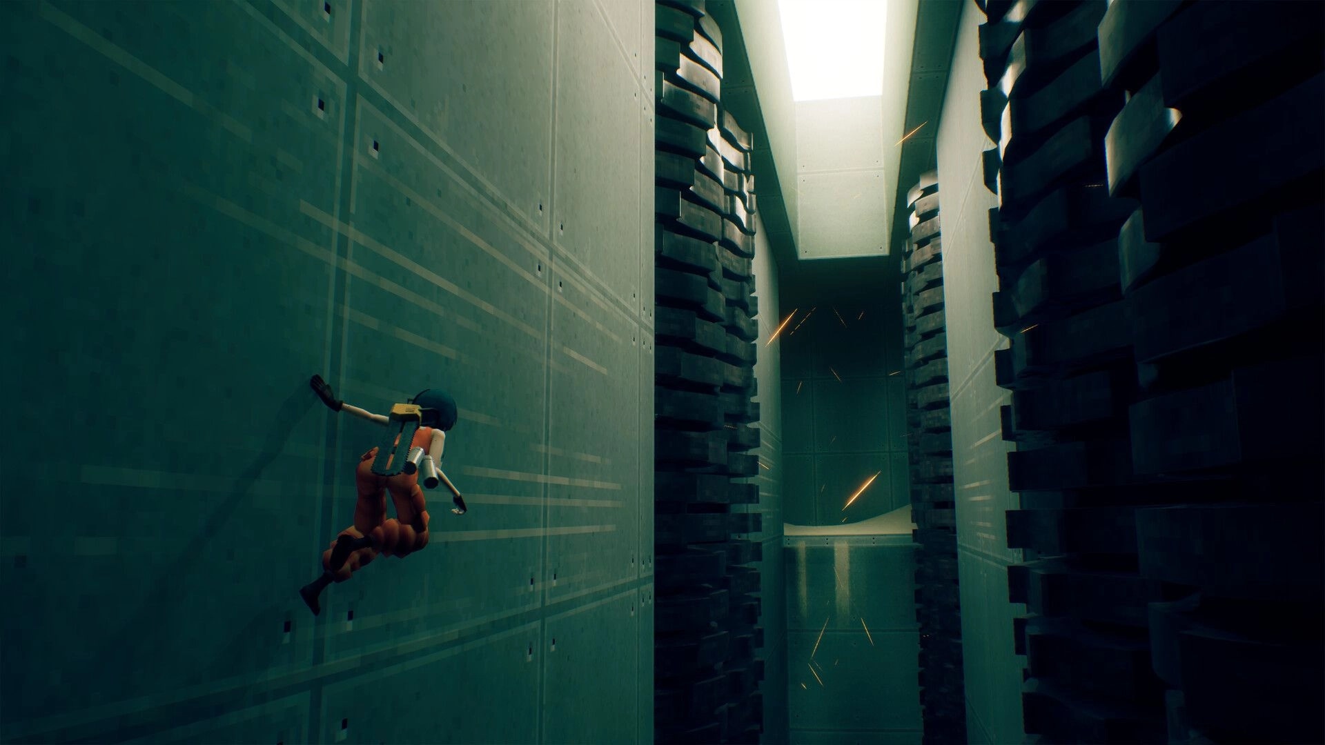 MOTORSLICE: Character wall-runs between towering structures in a narrow, dimly lit industrial corridor.
