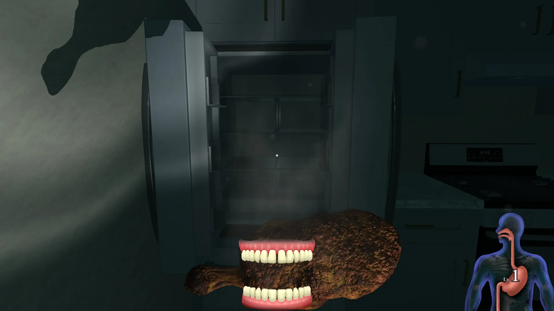 MOTTAINAI GHOST: Floating chicken leg with teeth near open fridge in dimly lit kitchen environment