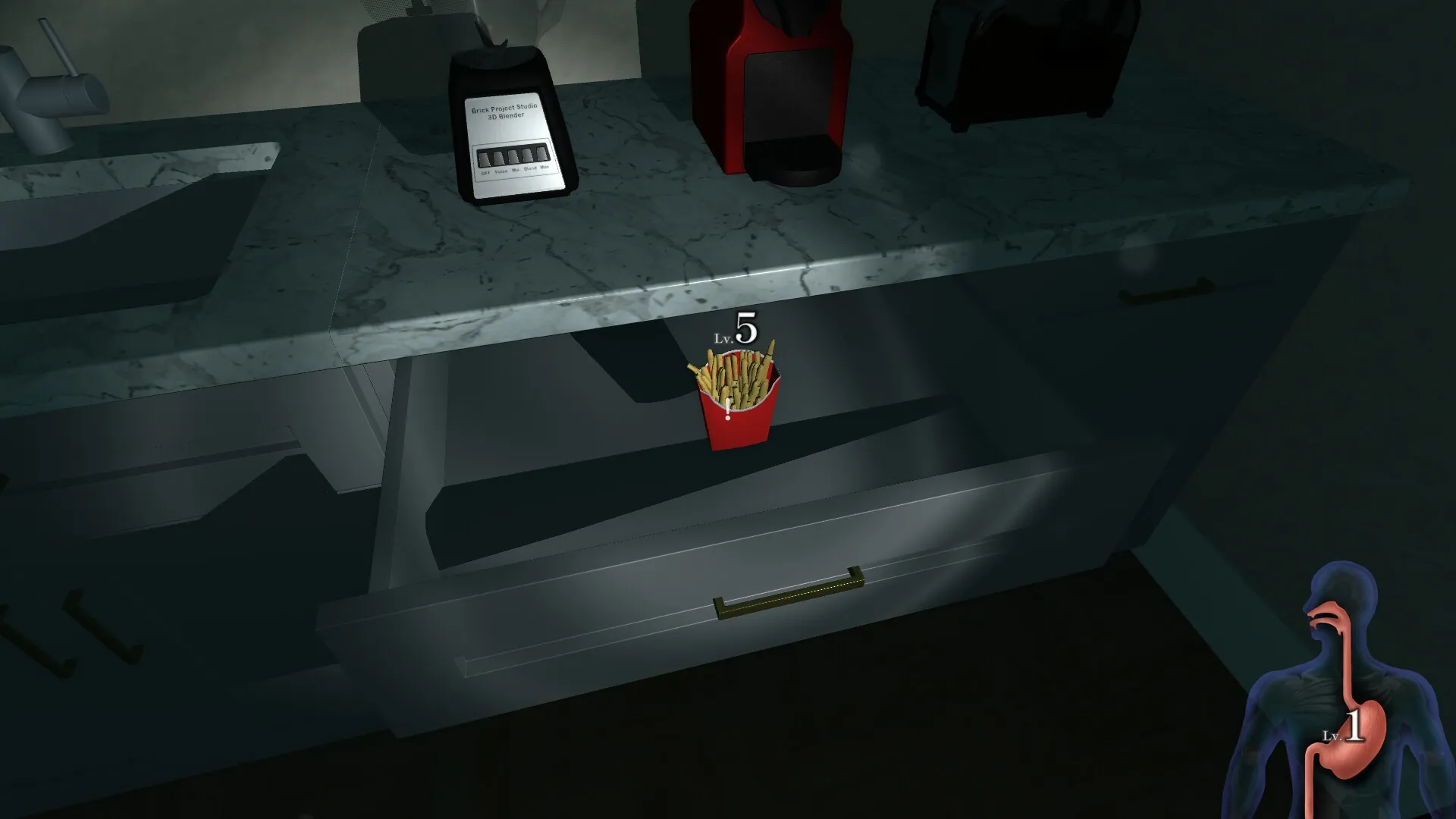 MOTTAINAI GHOST: Player finds Level 5 fries in kitchen drawer, with character stomach UI displayed