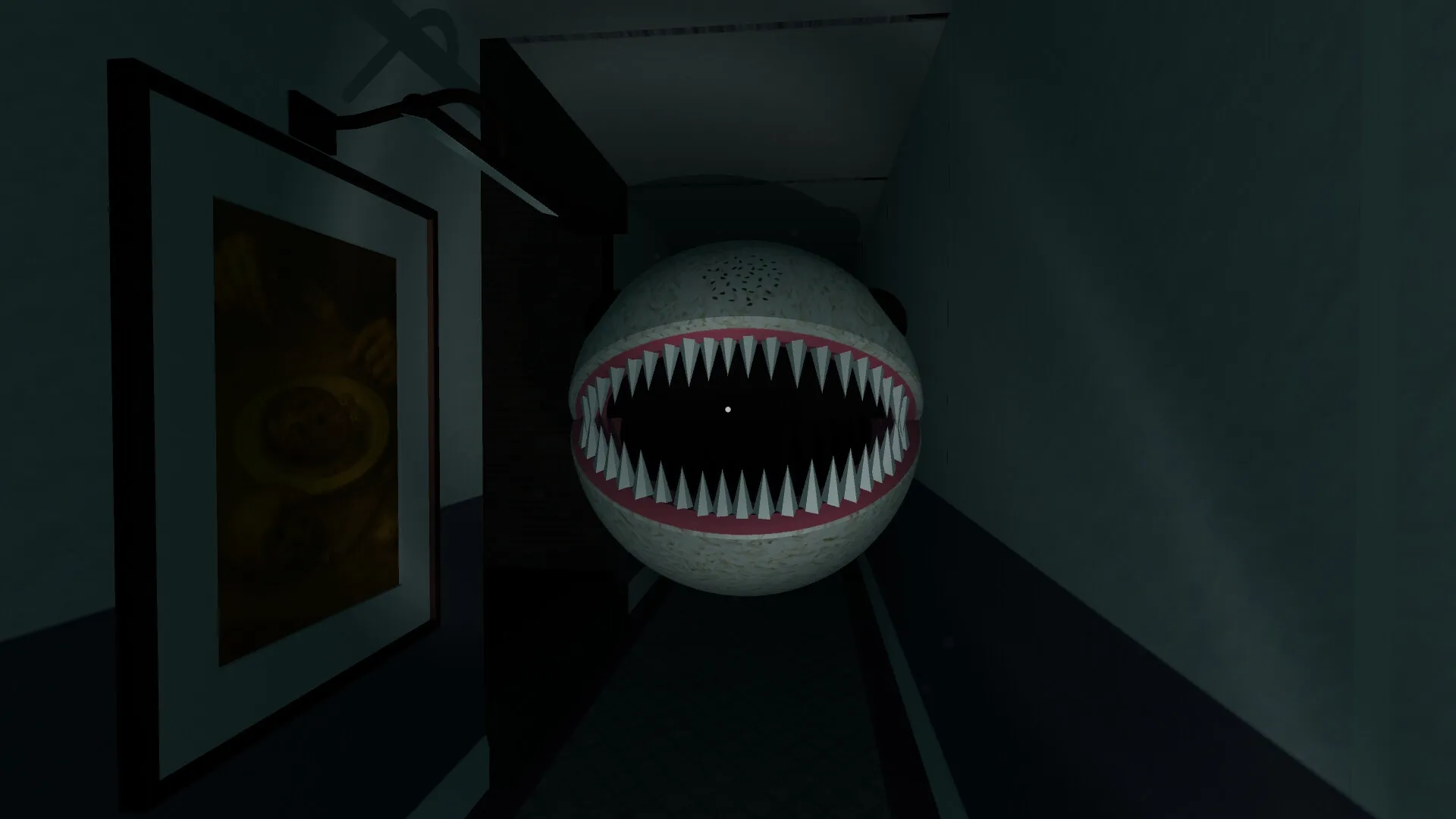 MOTTAINAI GHOST: Floating ghost with sharp teeth in a dimly lit hallway with eerie wall art