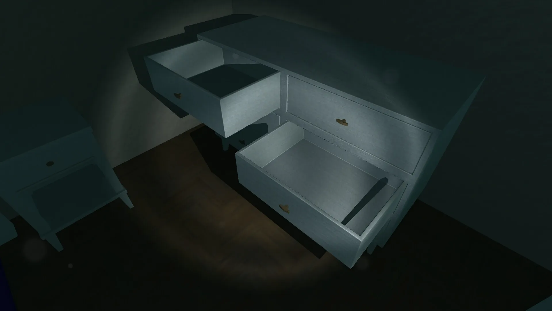 MOTTAINAI GHOST: Open dresser drawers in a dimly lit room, revealing empty storage spaces.