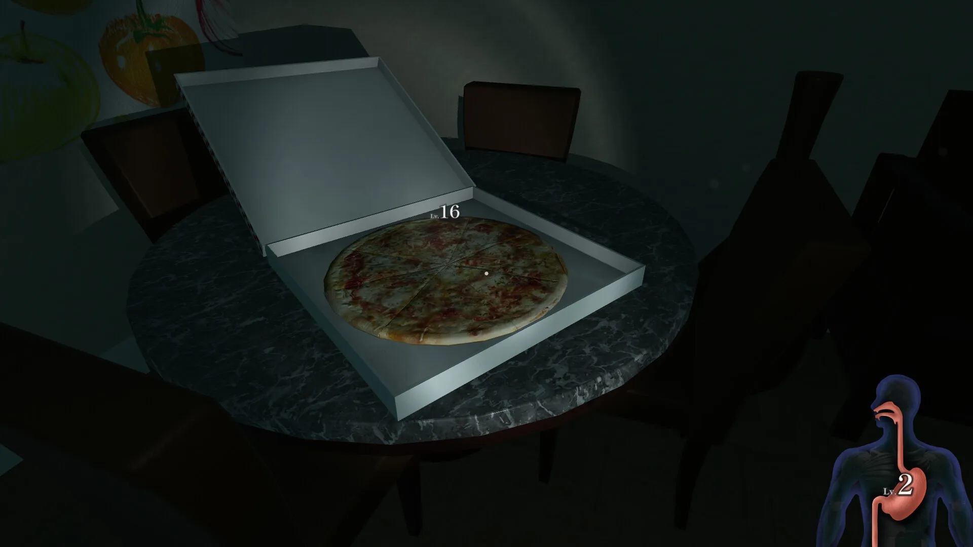MOTTAINAI GHOST: Pizza box with level indicator on dark table, digestive UI shows stomach level 2