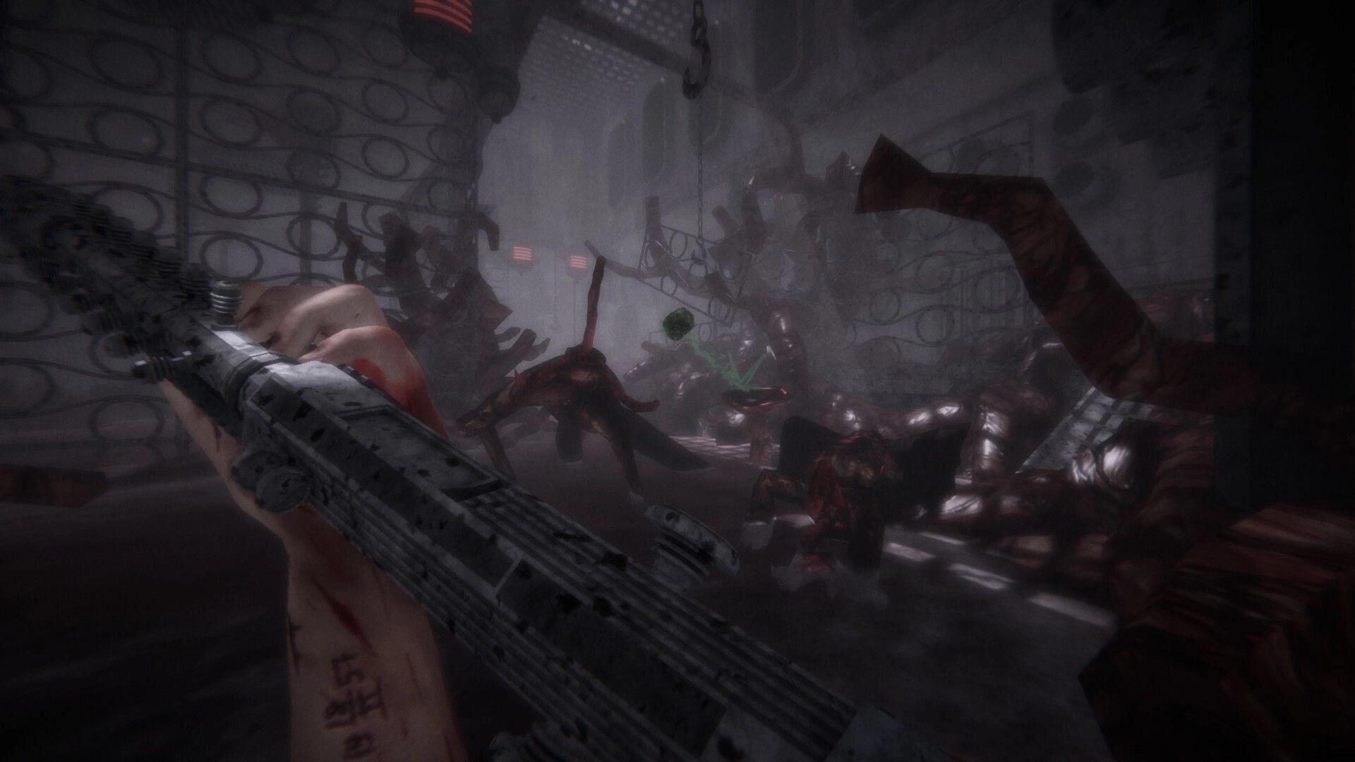 MOULD: First-person rifle aiming at fleshy mutant creatures in a foggy industrial corridor.
