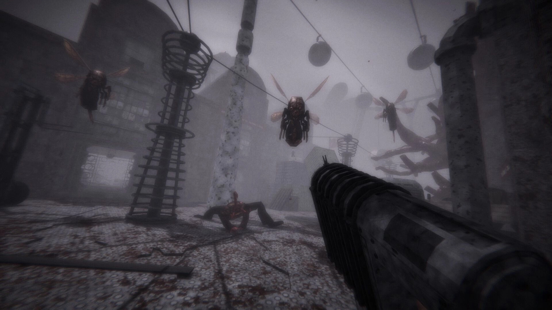 MOULD: First-person shotgun aimed at giant flying insects in a foggy, ruined industrial courtyard.