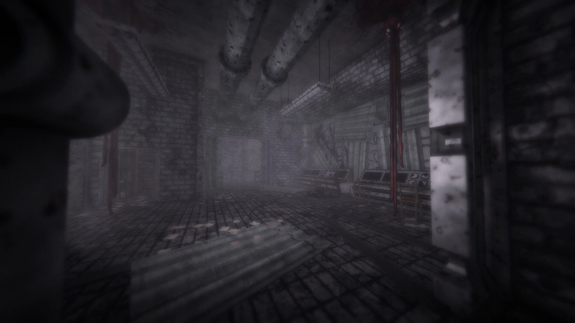 MOULD: First-person view down a foggy brick corridor with pipes overhead and control consoles to the right.