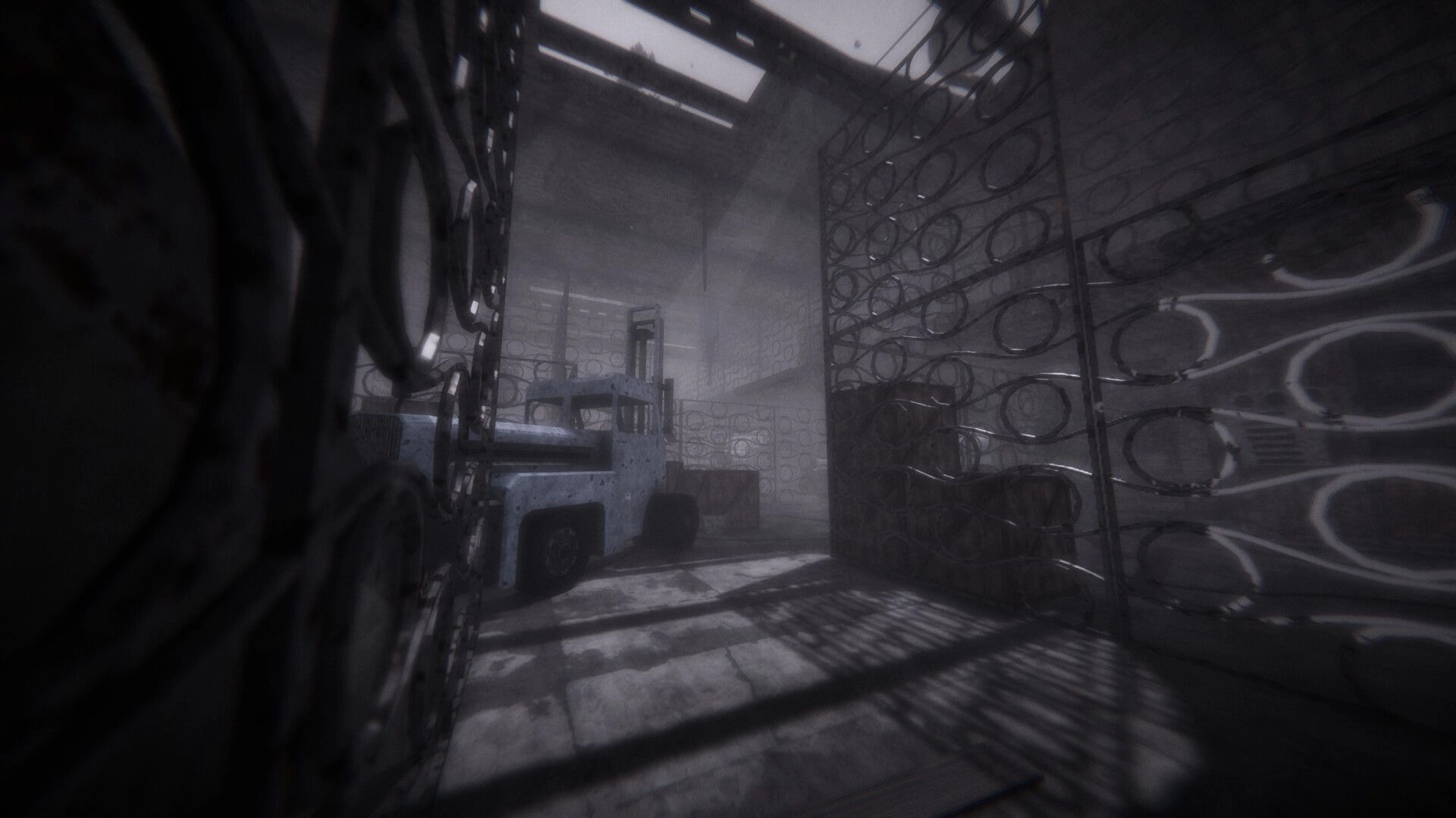 MOULD: Forklift parked by stacked barrels in a dim warehouse with circular metal rack walls.