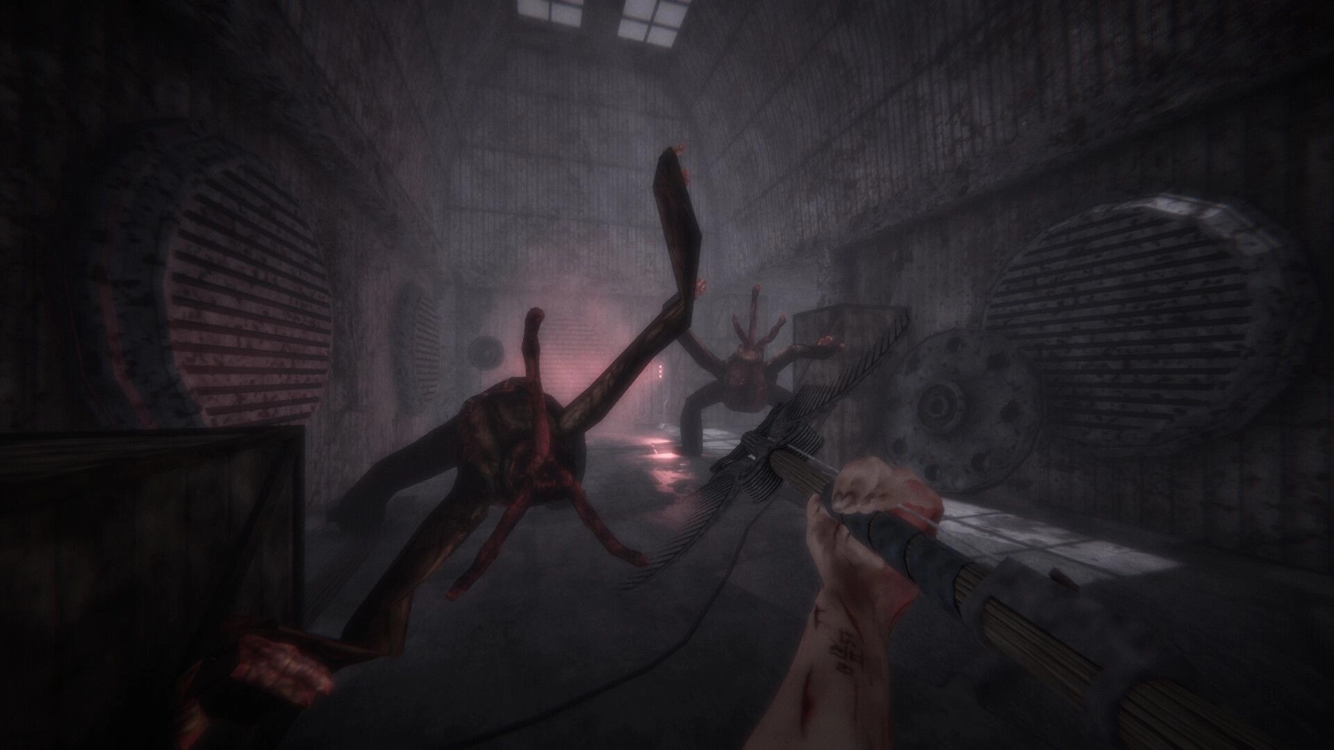 MOULD: First-person melee fight with tentacled mutants in a foggy industrial corridor with vents.