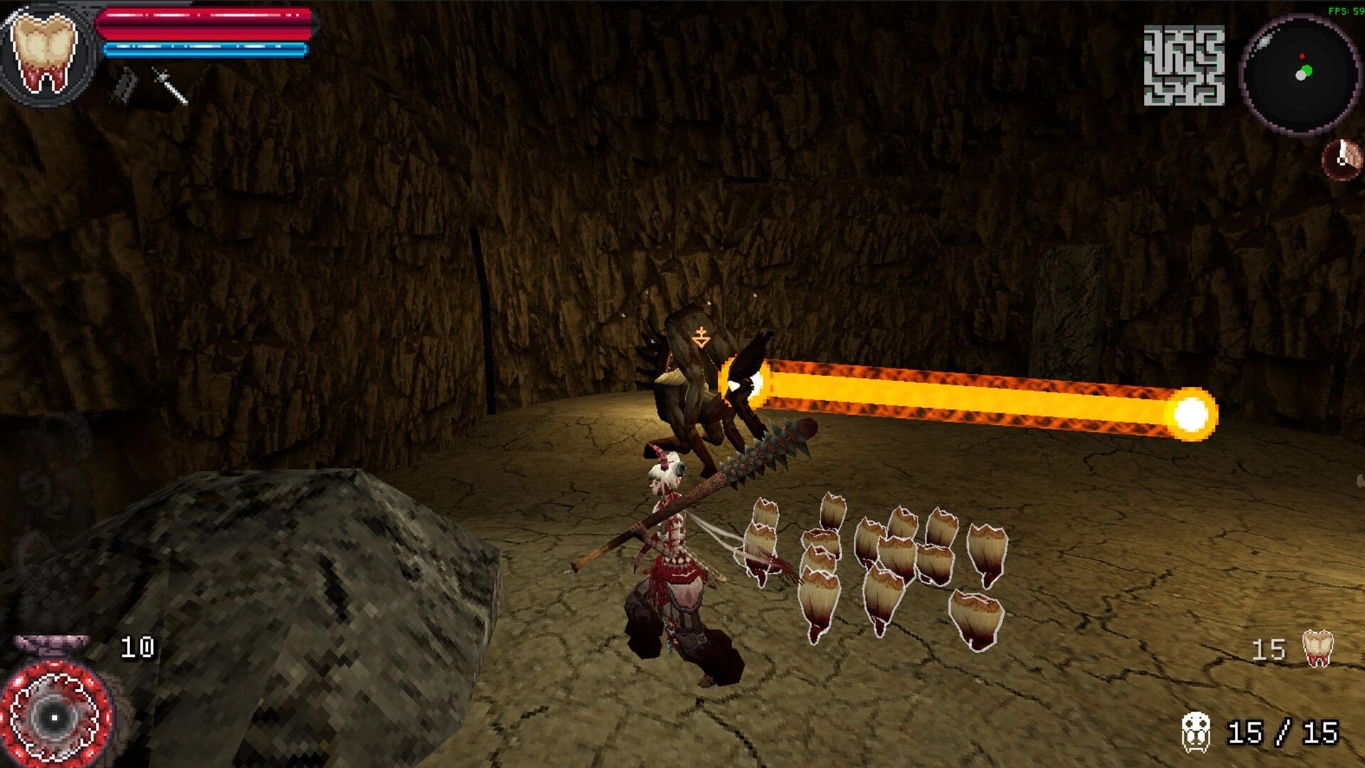 Moulder: Player leads maggot army in cave, wielding spiked club against creature shooting fire beam