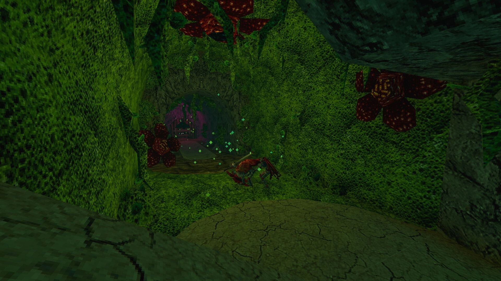 Moulder: Creature navigates through a lush, green cavern with glowing particles and strange flora.