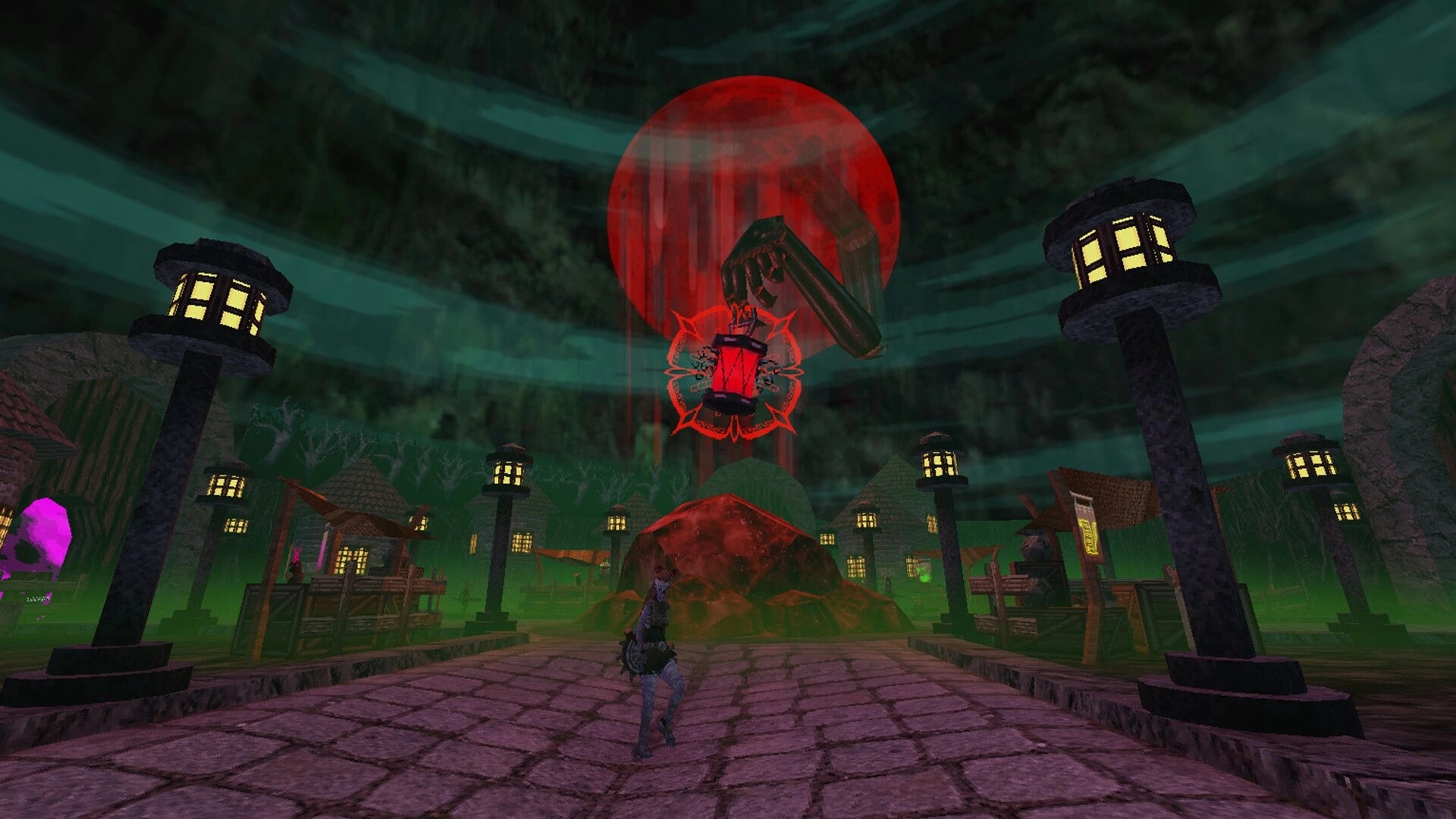Moulder: Character approaches glowing red lantern beneath ominous sky in eerie village setting.