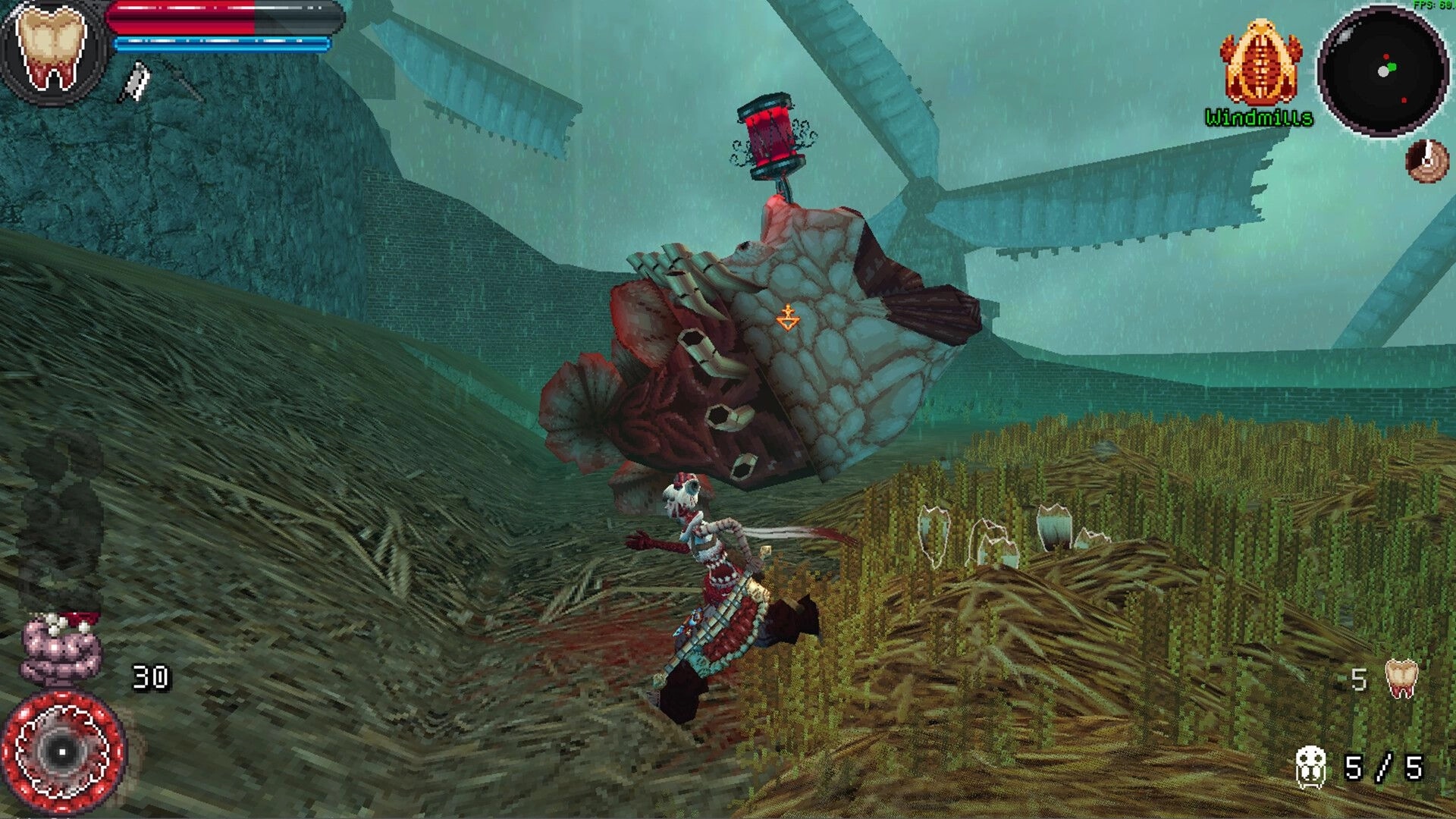Moulder: Player character running near a giant heart in a field, with HUD showing health and items.