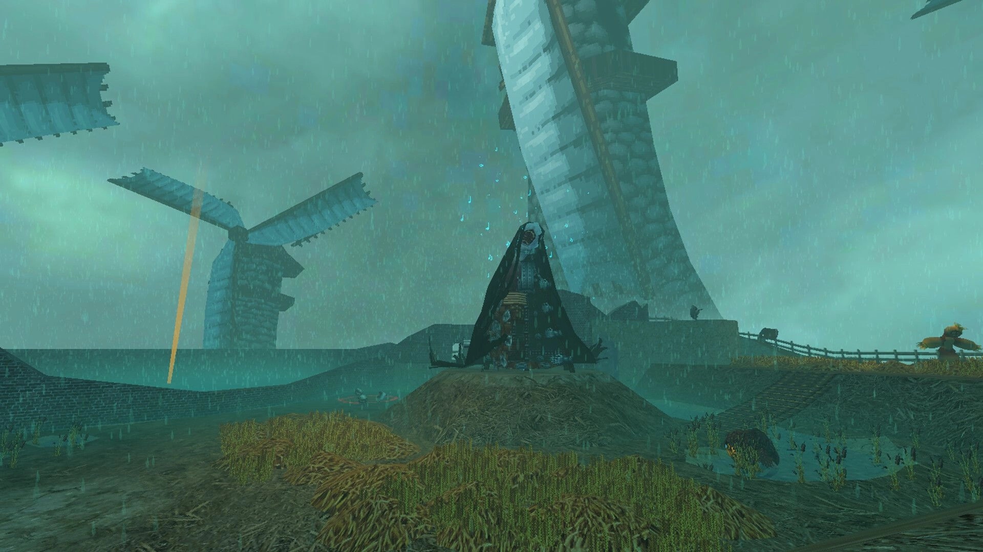 Moulder: Dark-robed figure stands before towering windmills in a rain-soaked, eerie landscape