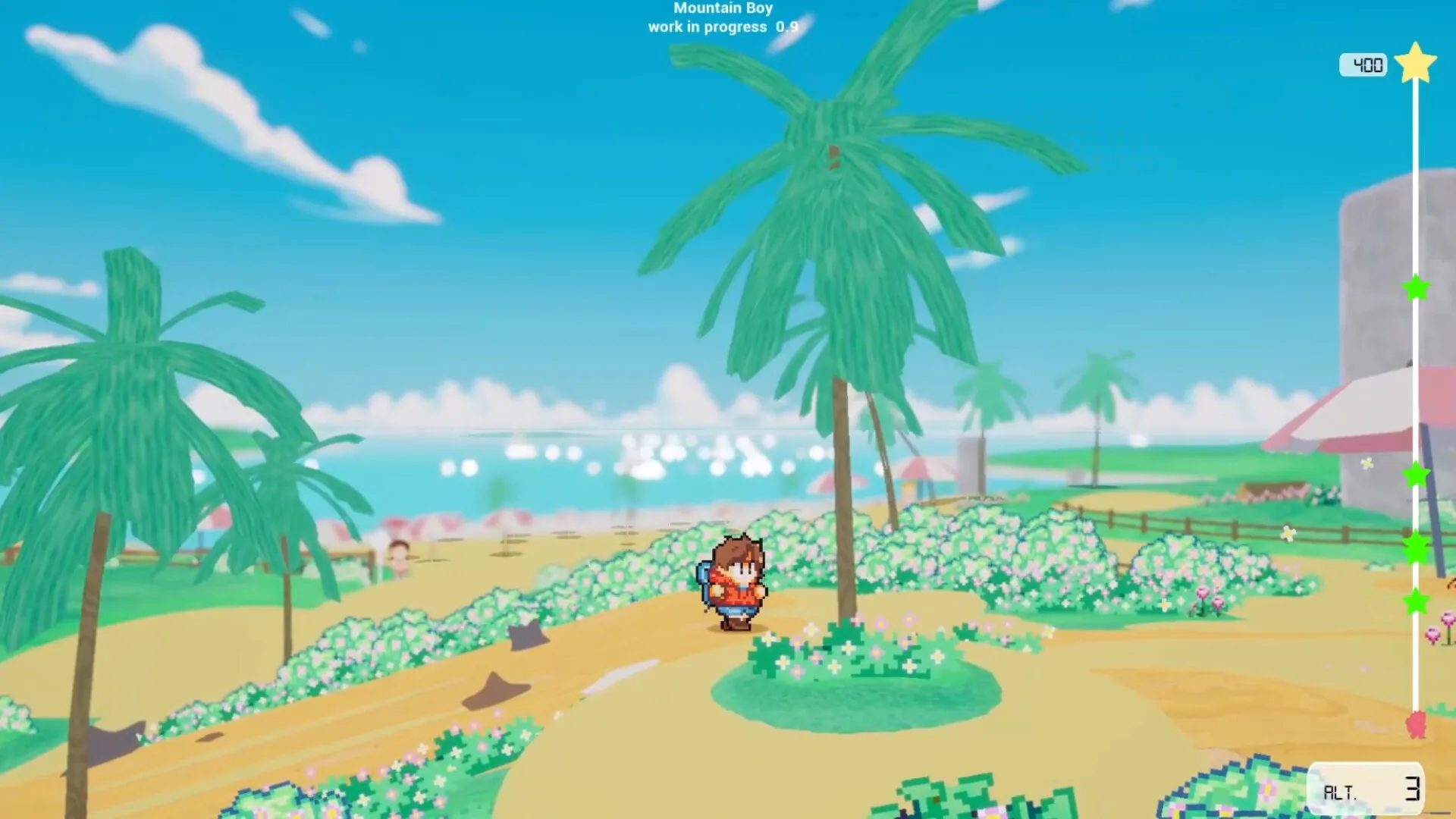 Mountain Boy: Character walks through vibrant beach setting with palm trees and flowers