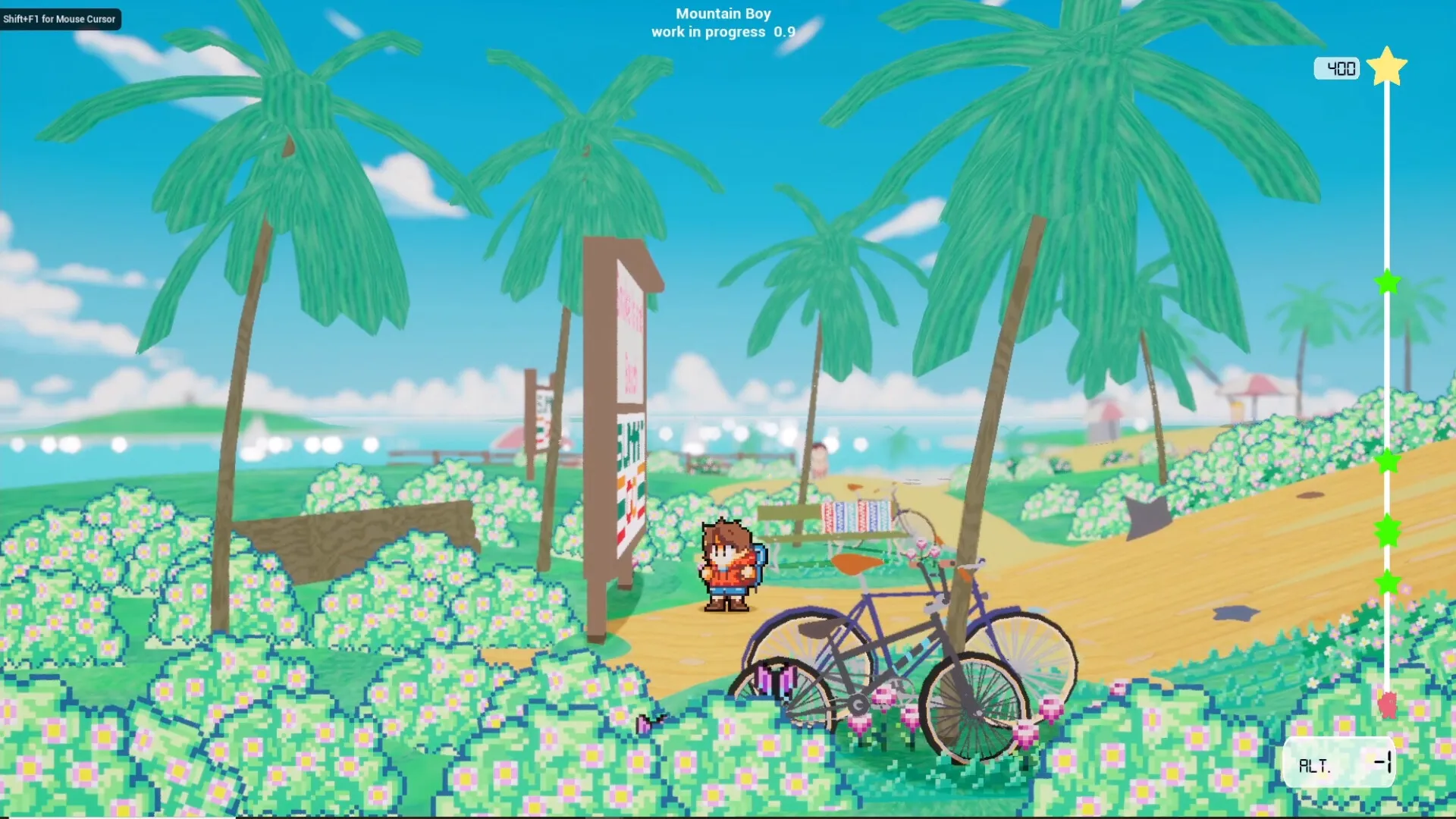 Mountain Boy: Character stands near a bicycle among palm trees and flowers in a beach setting.