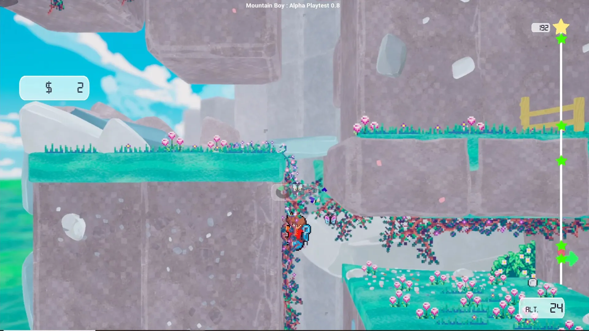 Mountain Boy: Character climbs cliffside covered in flowers, with altitude and currency displayed on screen.