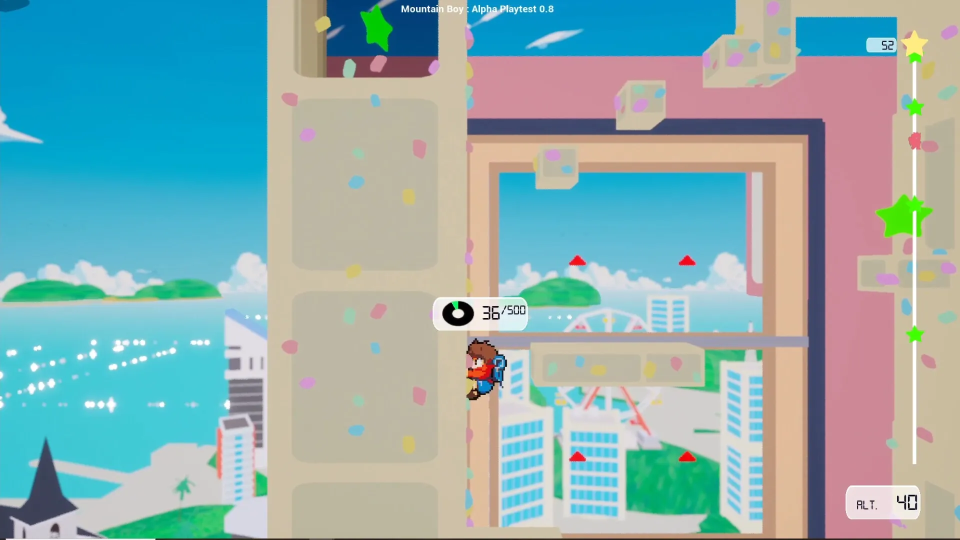 Mountain Boy: Character climbs colorful tower with cityscape view, health meter at 36/500 displayed