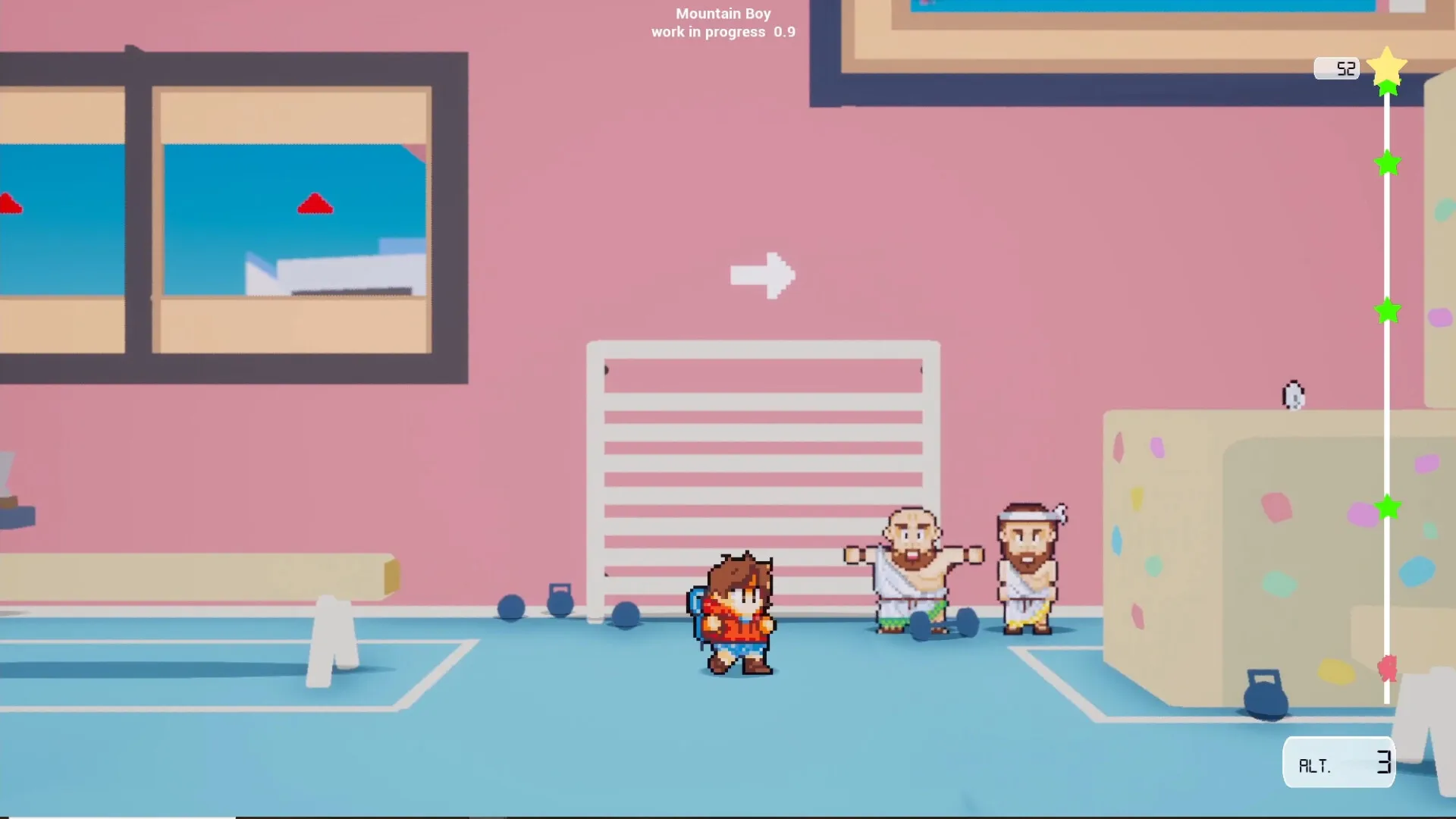 Mountain Boy: Character in red jacket explores gym room with climbing wall and two NPCs present