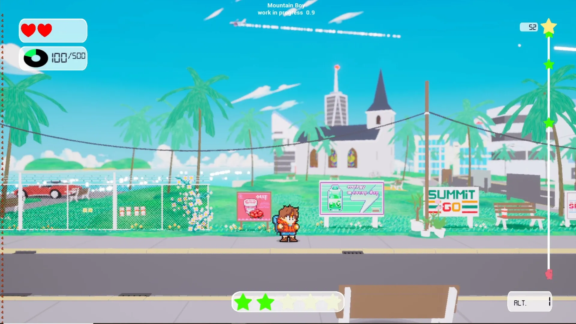 Mountain Boy: Character stands on sunny street with palm trees, health bar, and energy gauge visible