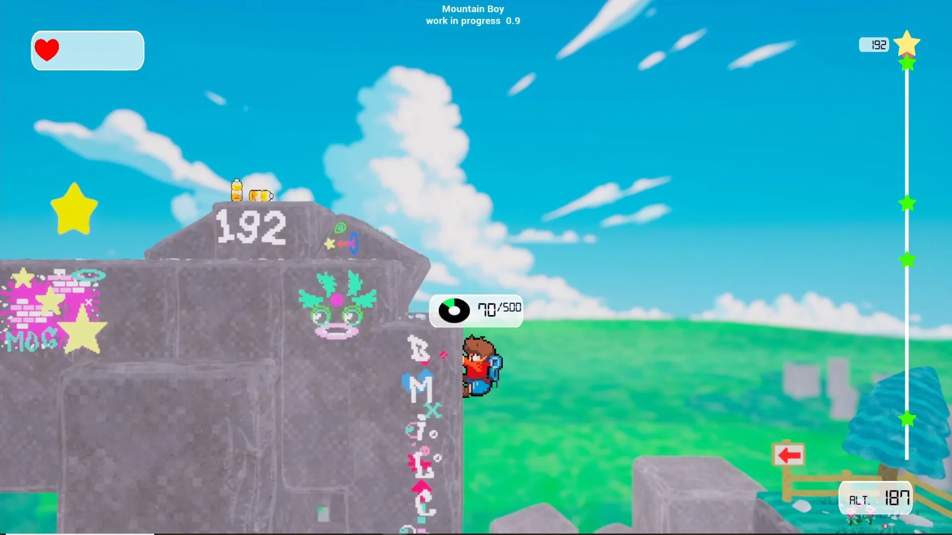 Mountain Boy: Climbing rocky wall with colorful graffiti and star collectibles under a bright blue sky