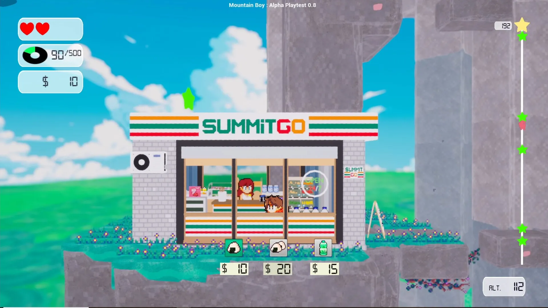 Mountain Boy: Player visits SummitGo shop with UI showing health, currency, and altitude on mountainside.