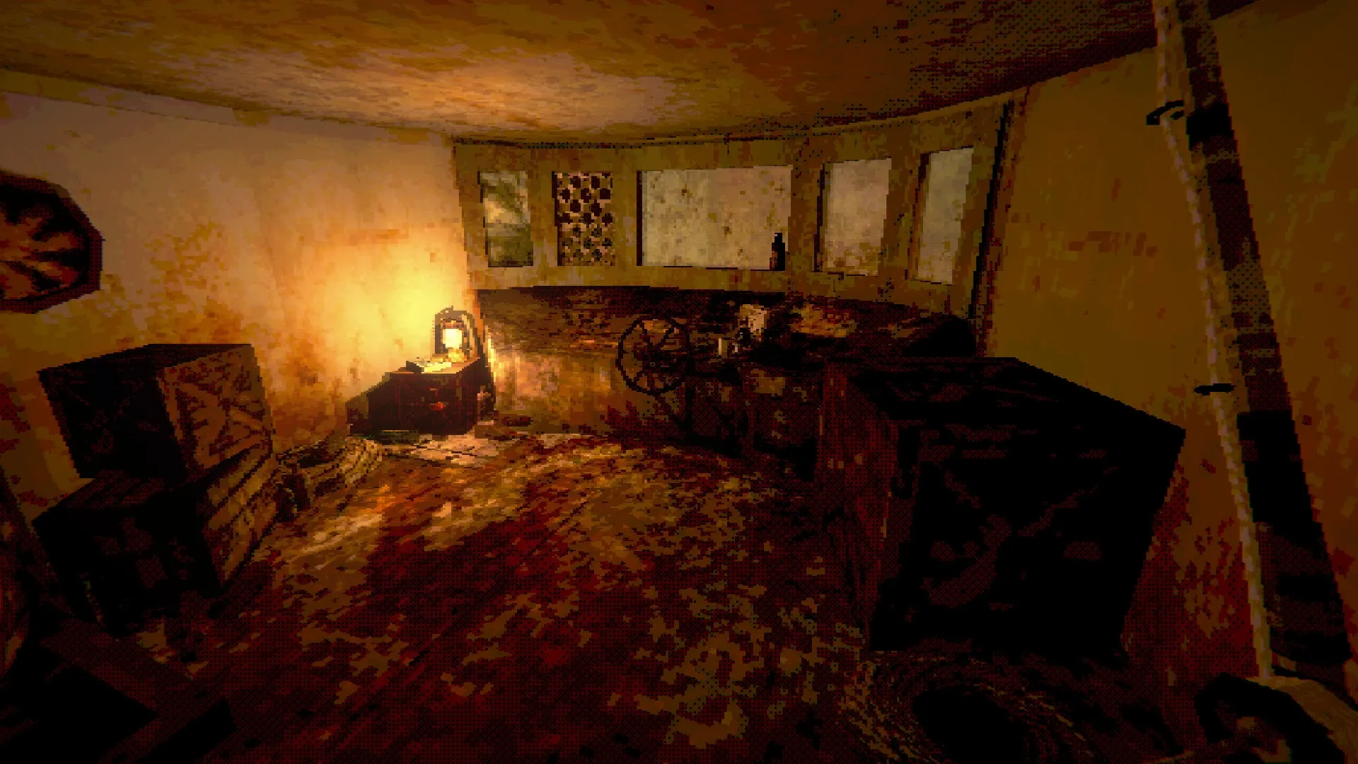 Mourning Tide: Dimly lit cabin interior with scattered crates, a lantern, and grimy windows on a ship.
