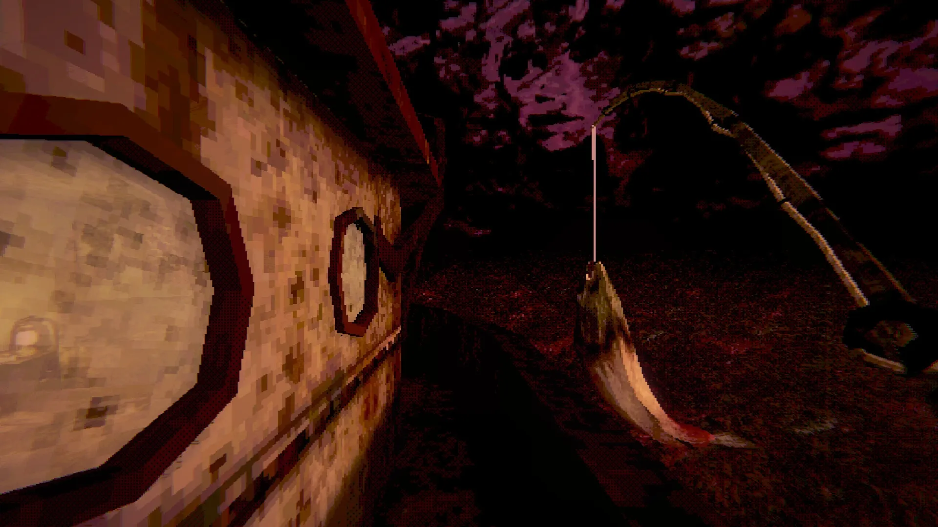 Mourning Tide: Fishing at night near a boat's porthole, eerie red sky in the background