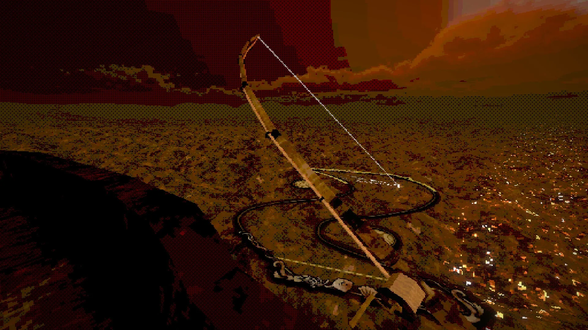 Mourning Tide: Fishing rod poised over dark, eerie waters under a hauntingly red sky at dusk.