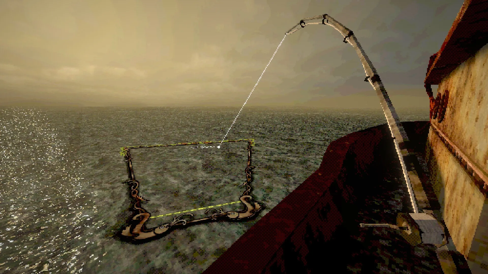 Mourning Tide: Fishing rod casting into foggy sea from rusty boat, eerie horizon in background